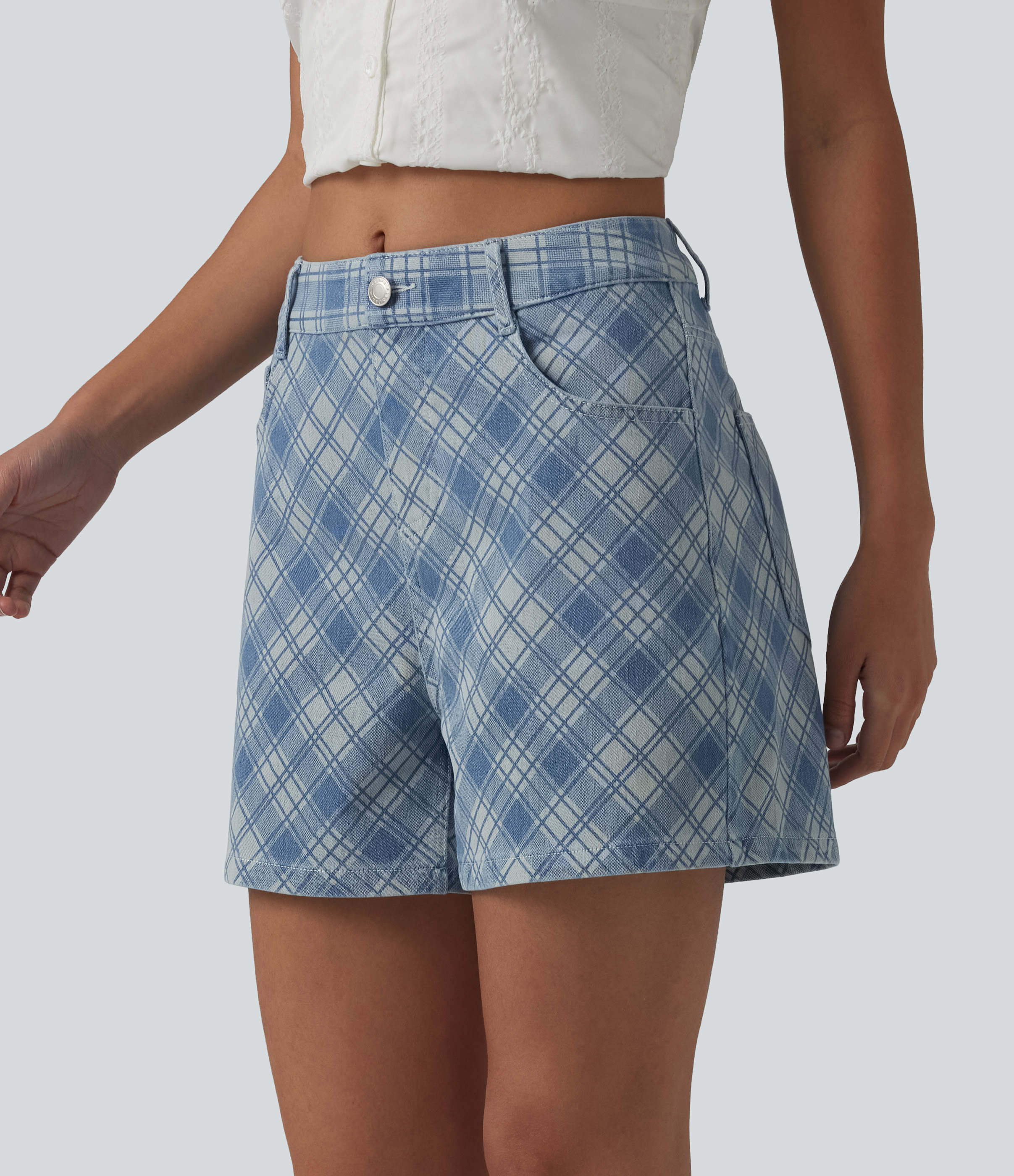Halara Flex™ Mid Rise Plaid Denim Casual Shorts 4'' with Pockets