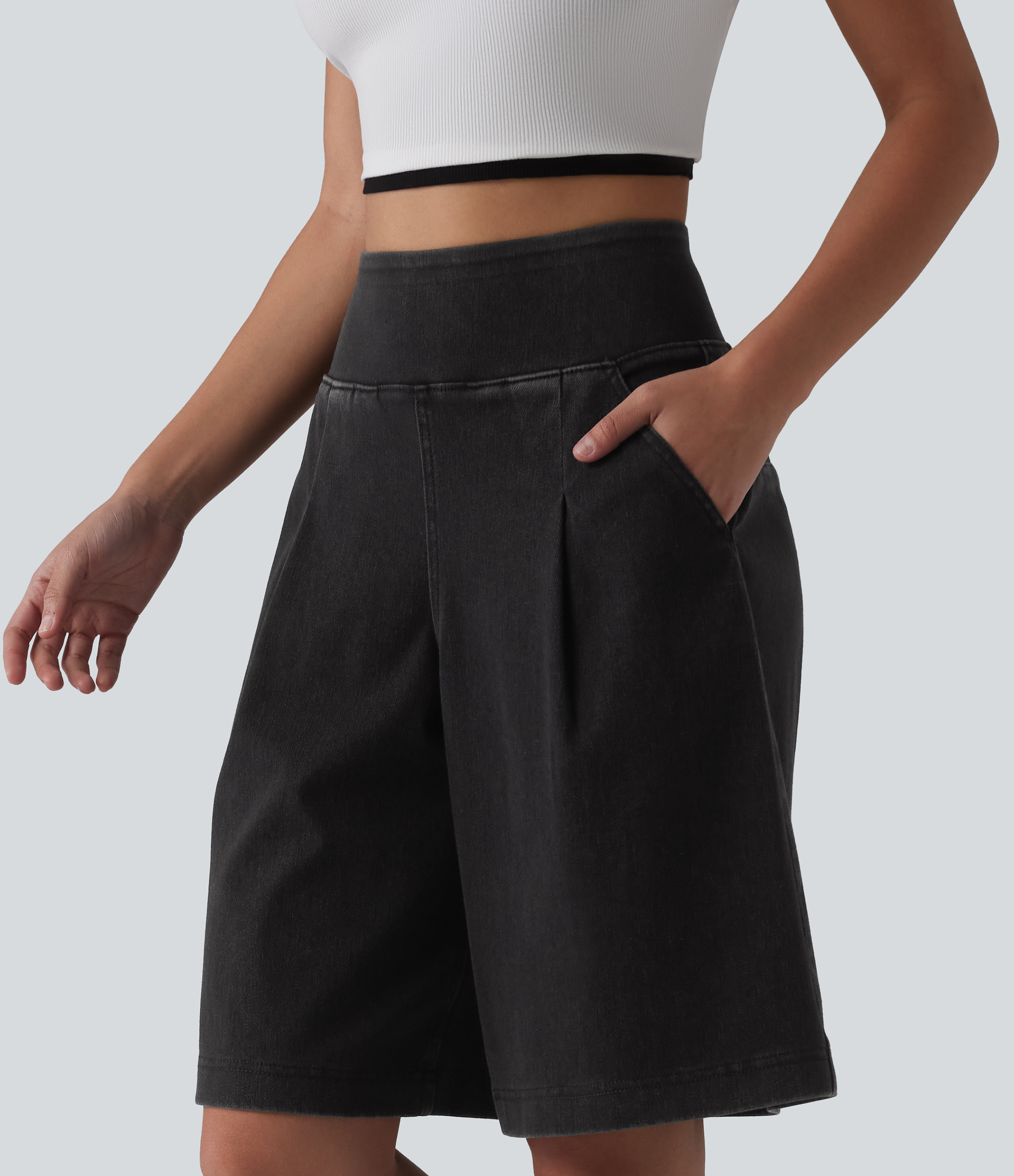 Halara Flex™ High Waisted Denim Casual Baggy Bermuda Shorts 10'' with Pockets