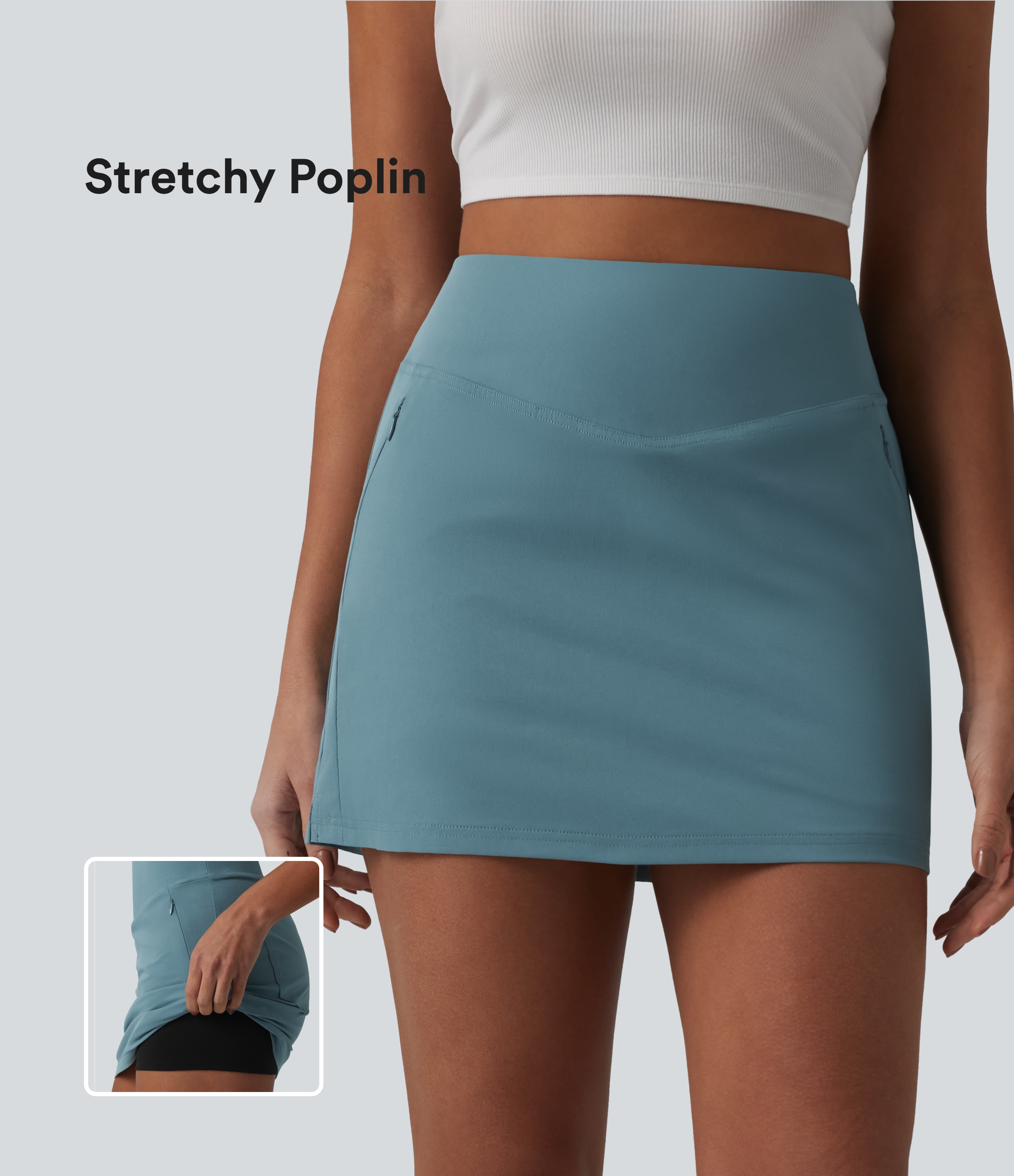 Jupe mini casual 2-en-1 trapèze taille haute en popeline extensible avec poches