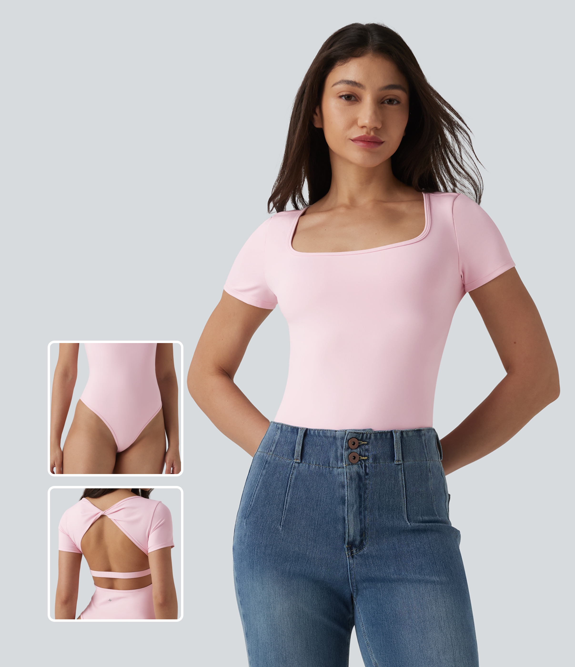 Verdrehter, rückenfreier U-Ausschnitt, kurzärmeliger, figurbetonter Freizeitbody