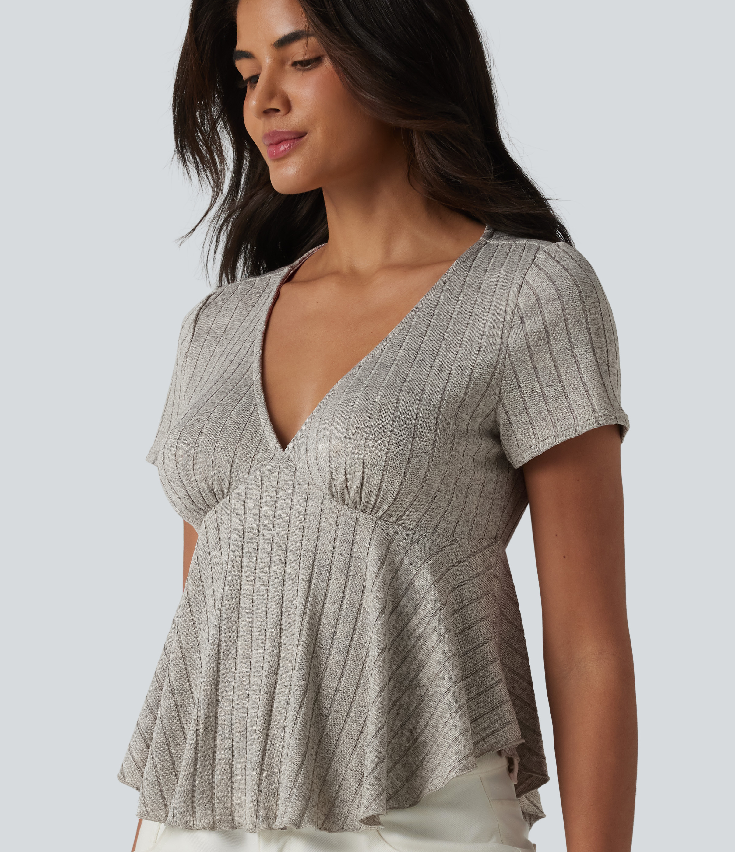 Ribbed Knit V Neck Short Sleeve Ruffle Hem Casual Babydoll T-Shirt