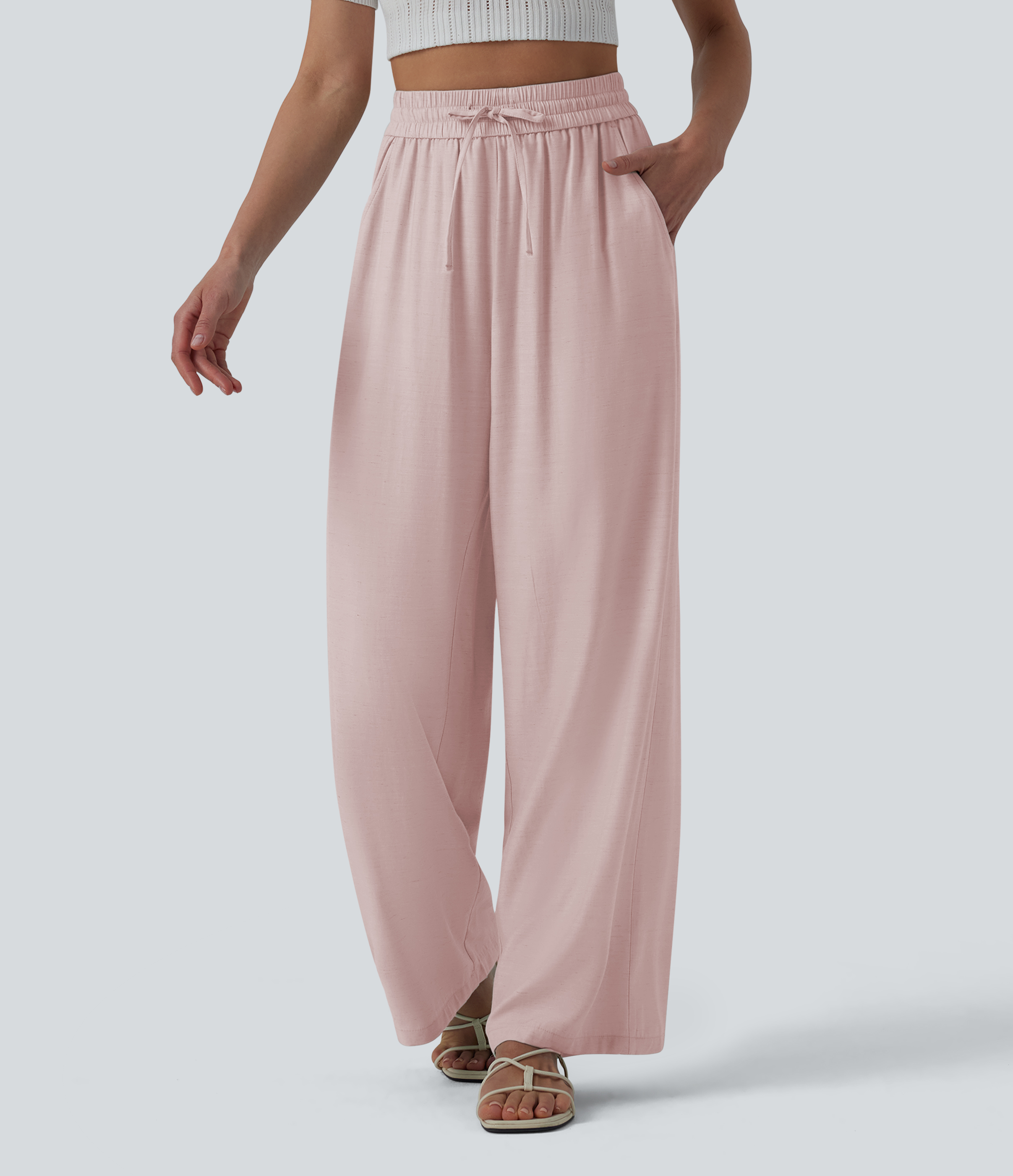 High Waisted Drawstring Wide Leg Casual Linen-Blend Trousers with Pockets