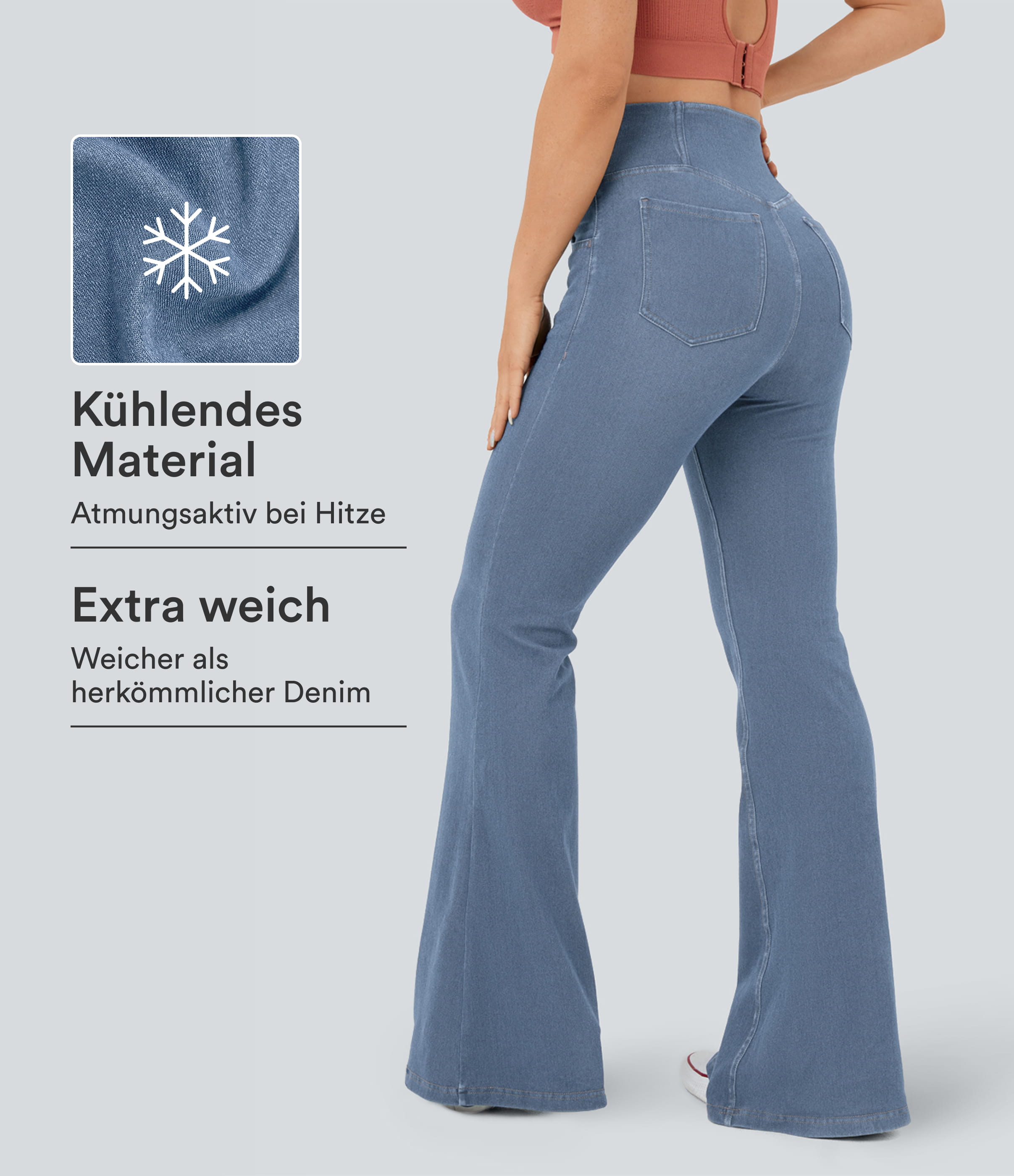 Halara Flex™ Crossover-Flared-Jeans aus elastischem Strick-Denim mit hohem Bund, mehreren Taschen und Cool-Touch