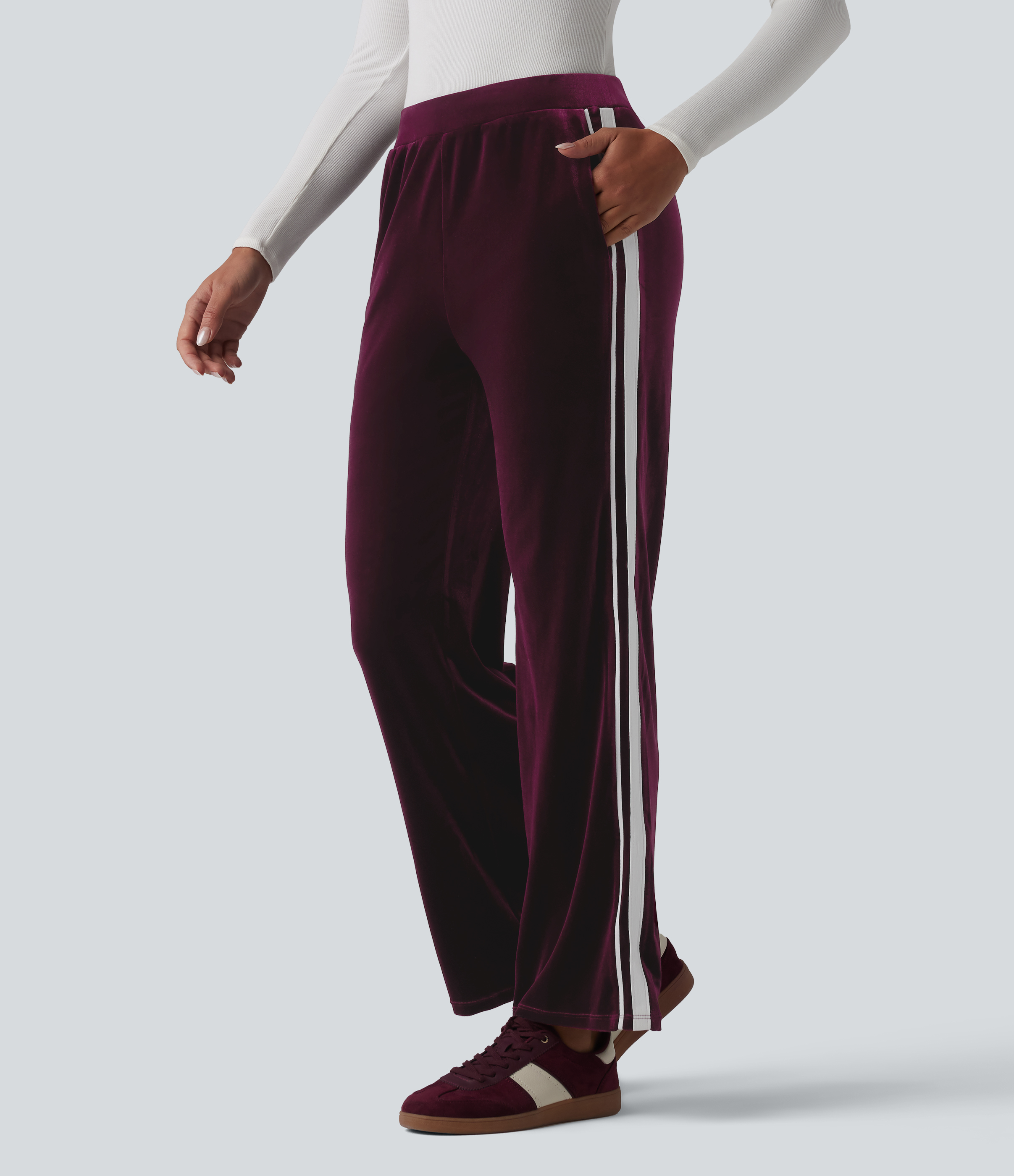 Low Rise Color Block Stripes Velvet Casual Flare Trousers with Pockets