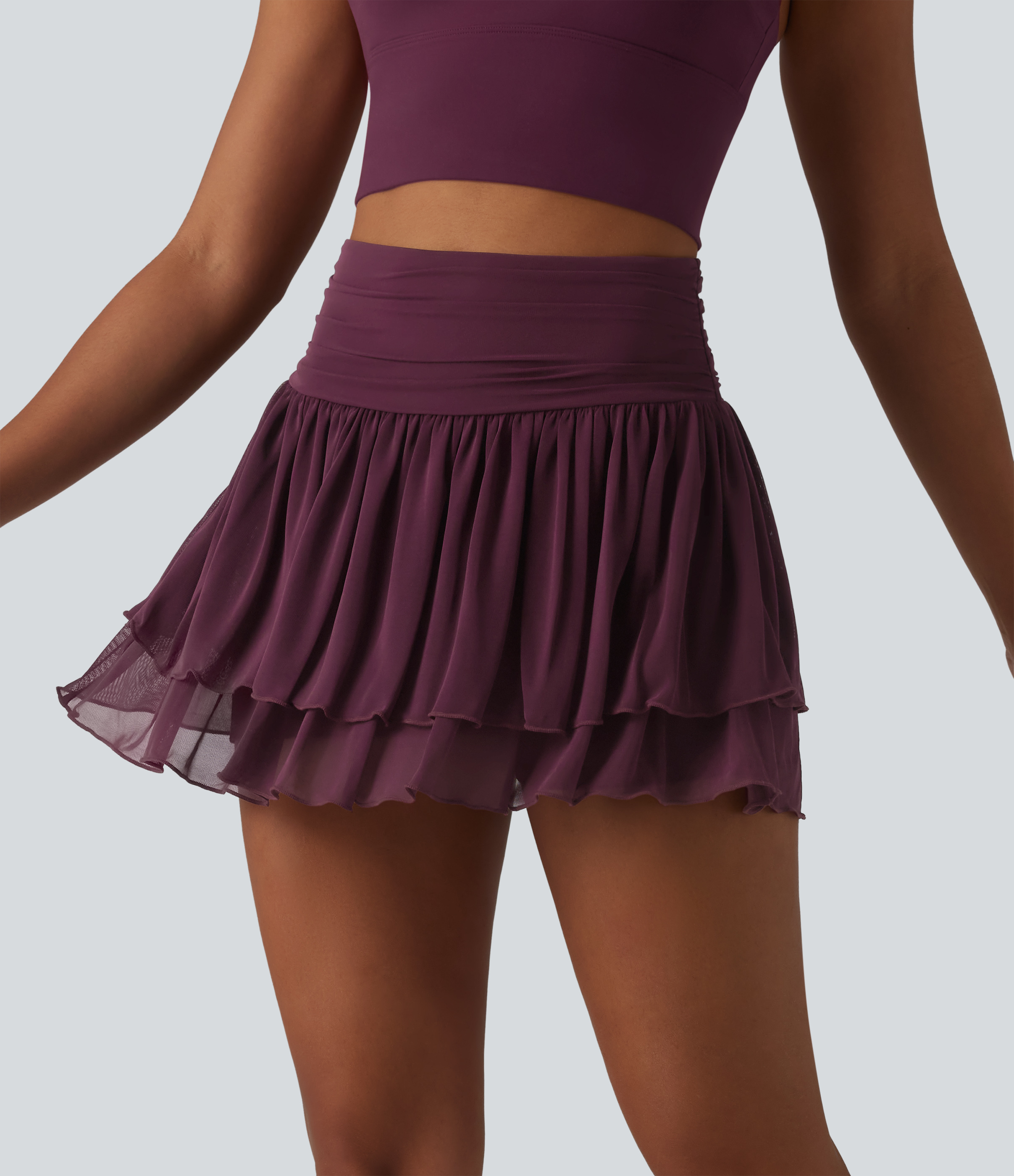 High Waisted Ruched Breathable Mesh 2-in-1 Mini Tennis Tiered Skirt with Pockets
