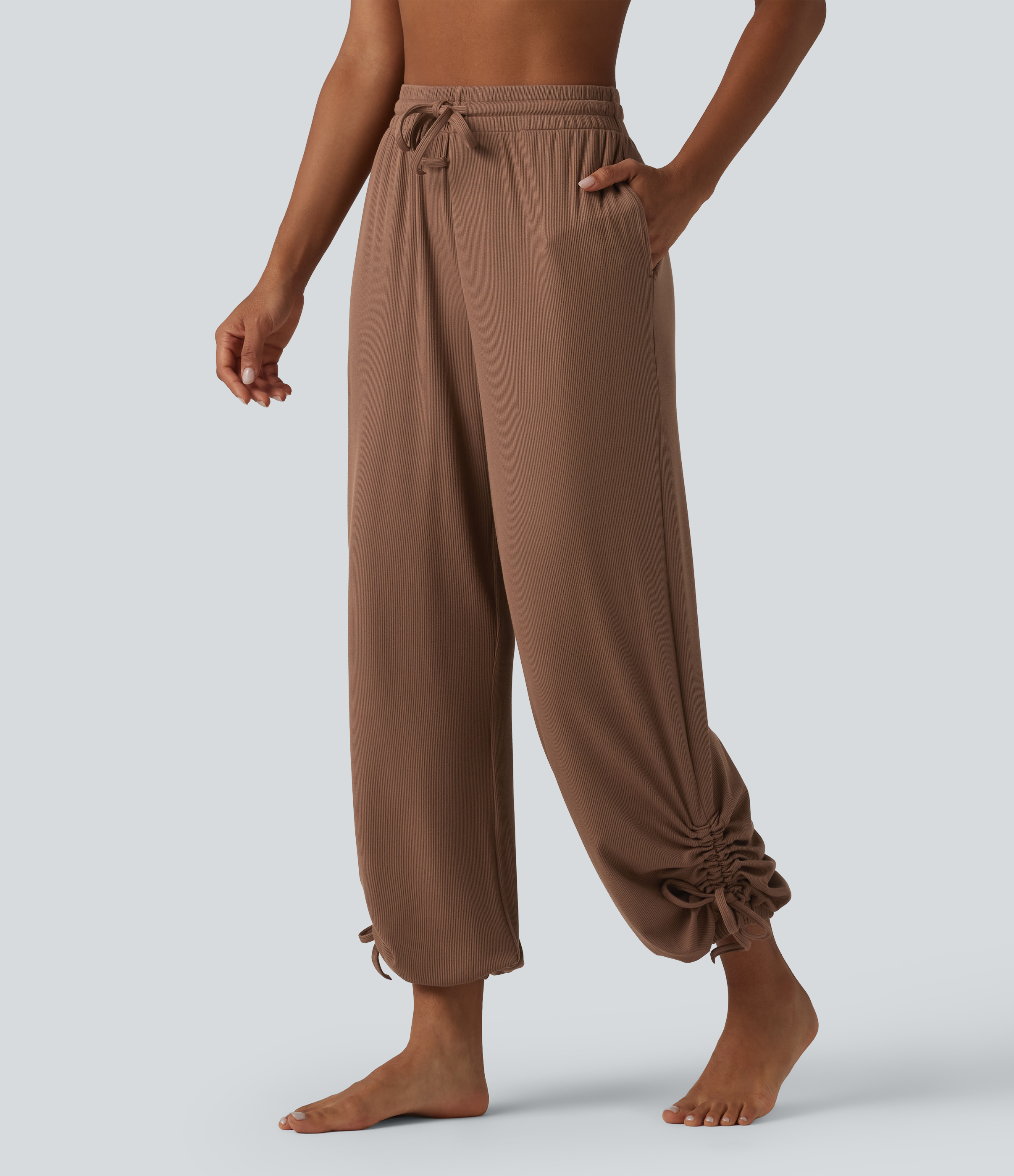 High Stretch Ribbed Knit Modal High Waisted Drawstring Ruched Yoga Joggers with Pockets