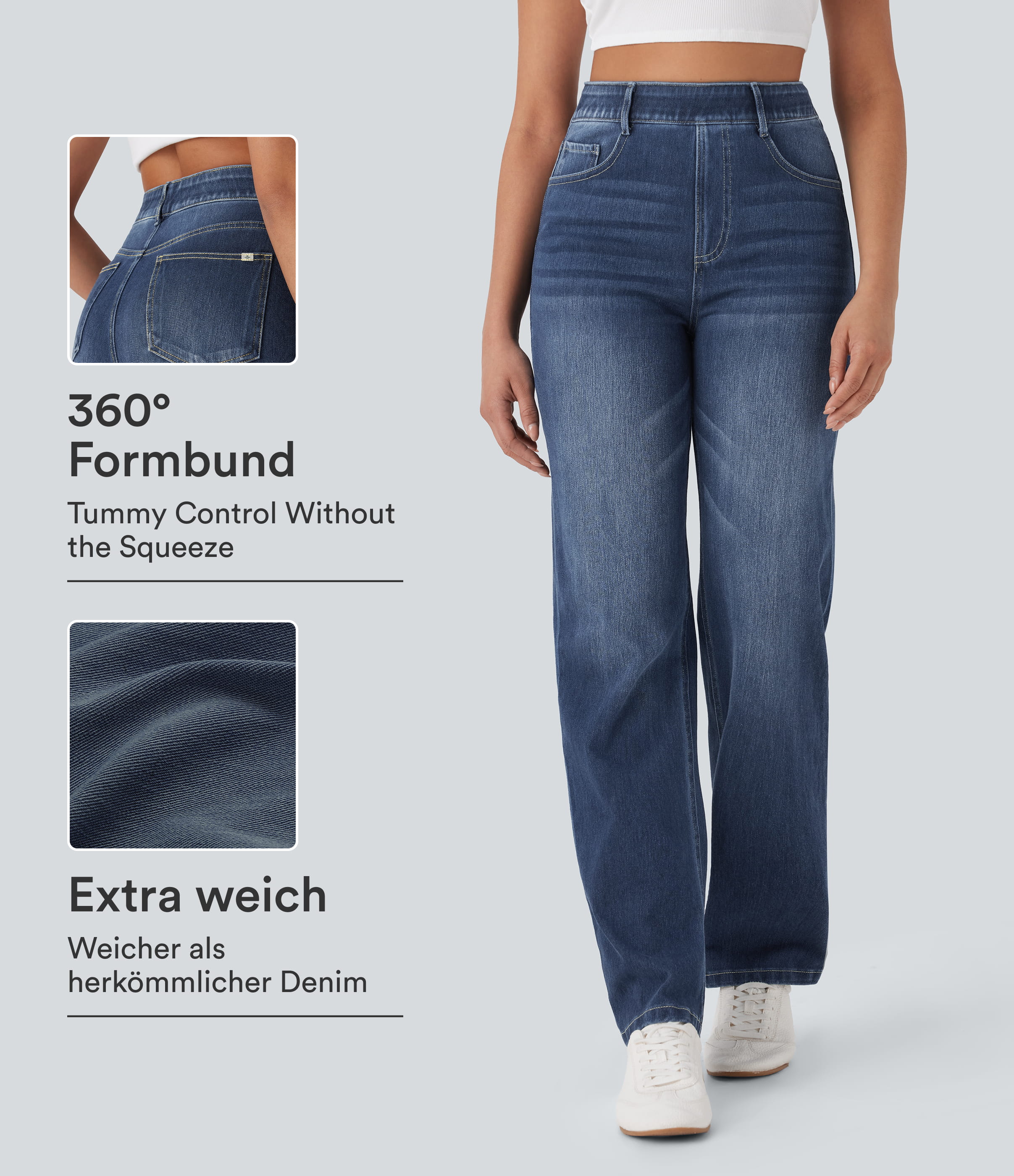 Halara Flex™ Jeans mit hoher Taille, mehreren Taschen, gerades Bein, gewaschener, dehnbarer Strick, lässig