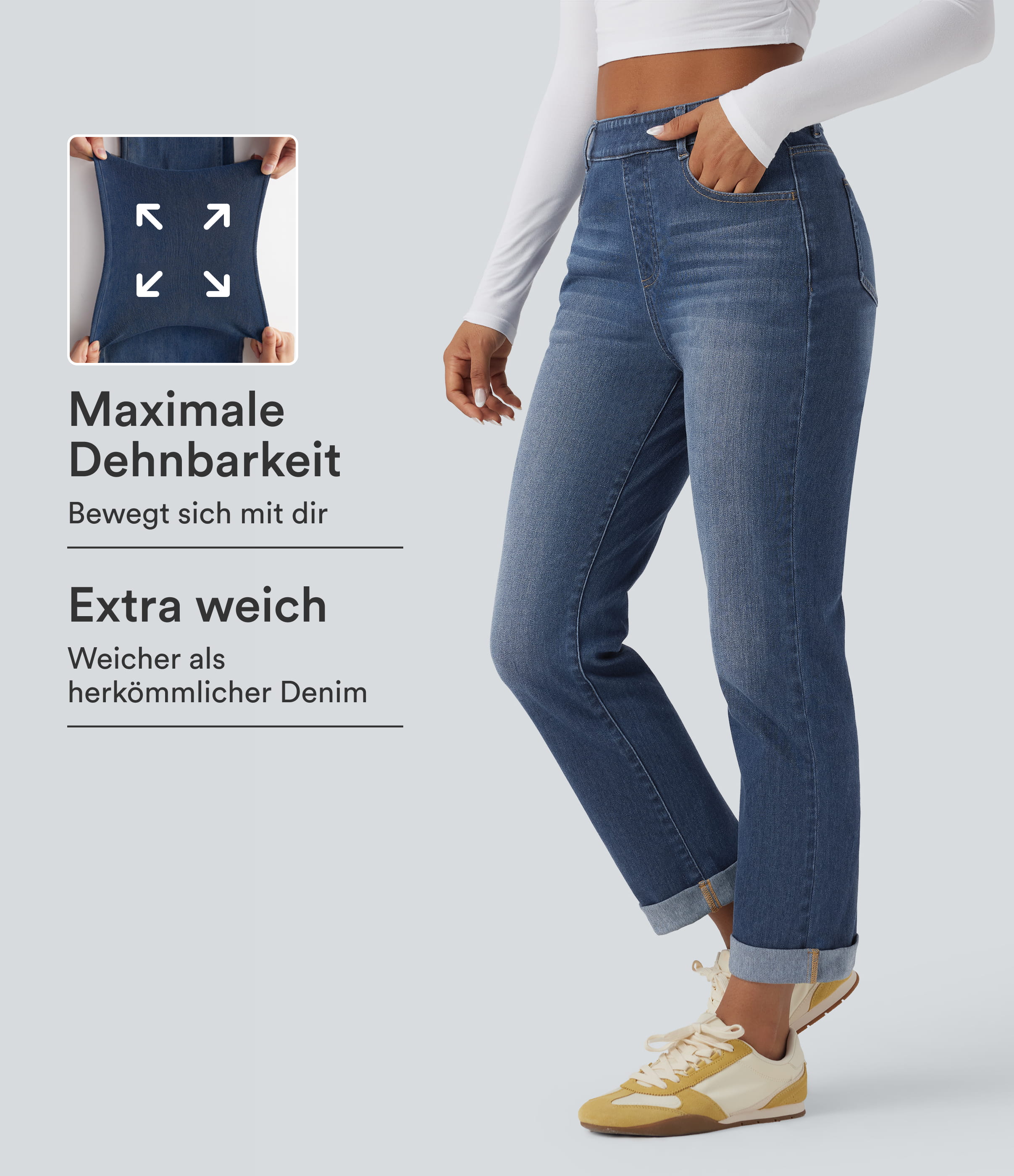 Halara Flex™ - Slim-Fit-Jeans mit hohem Bund, Seitentaschen und gerolltem Saum