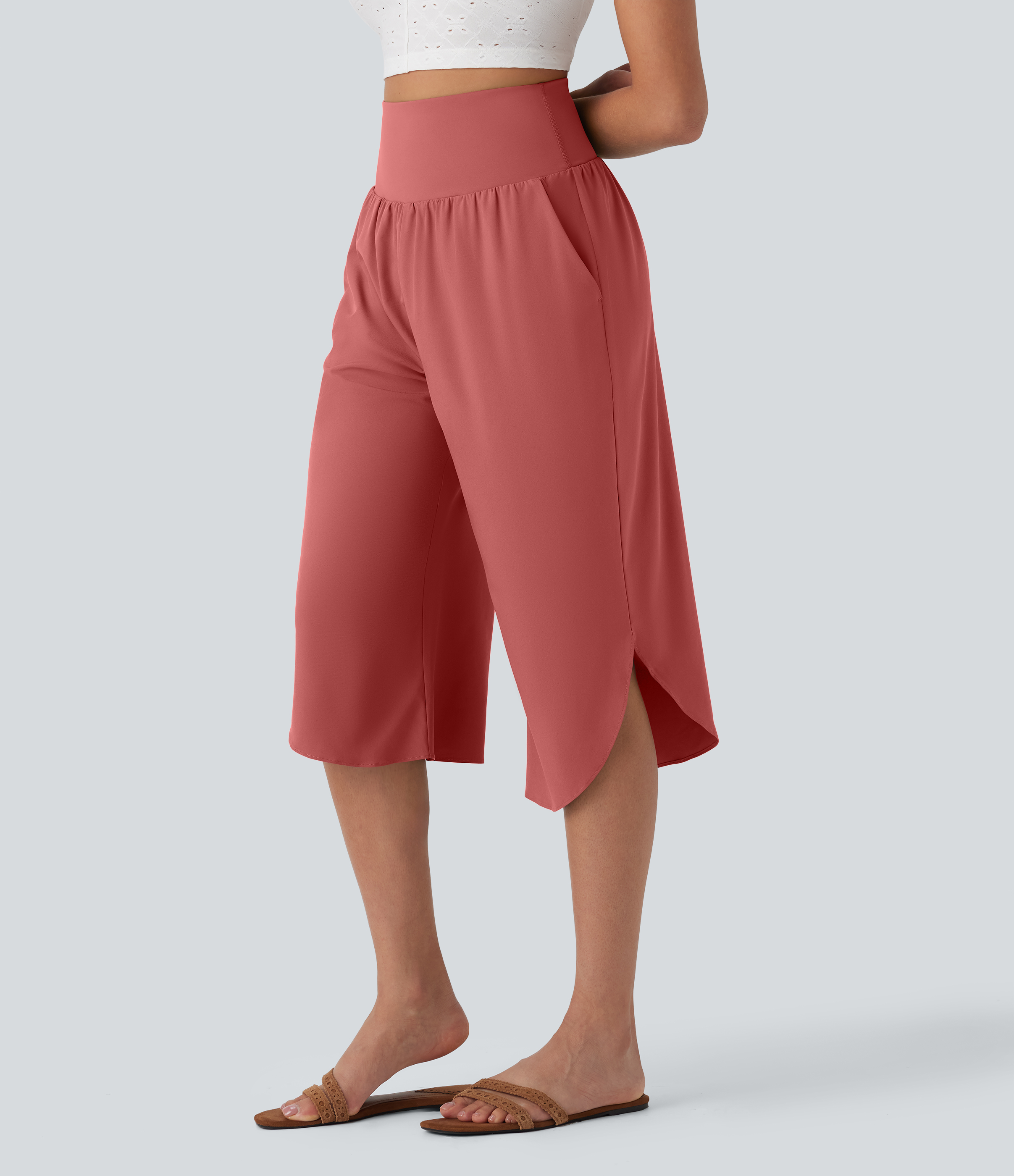 Breezeful™ High Waisted Tummy Control Hem Quick Dry Capri Pants with Pockets