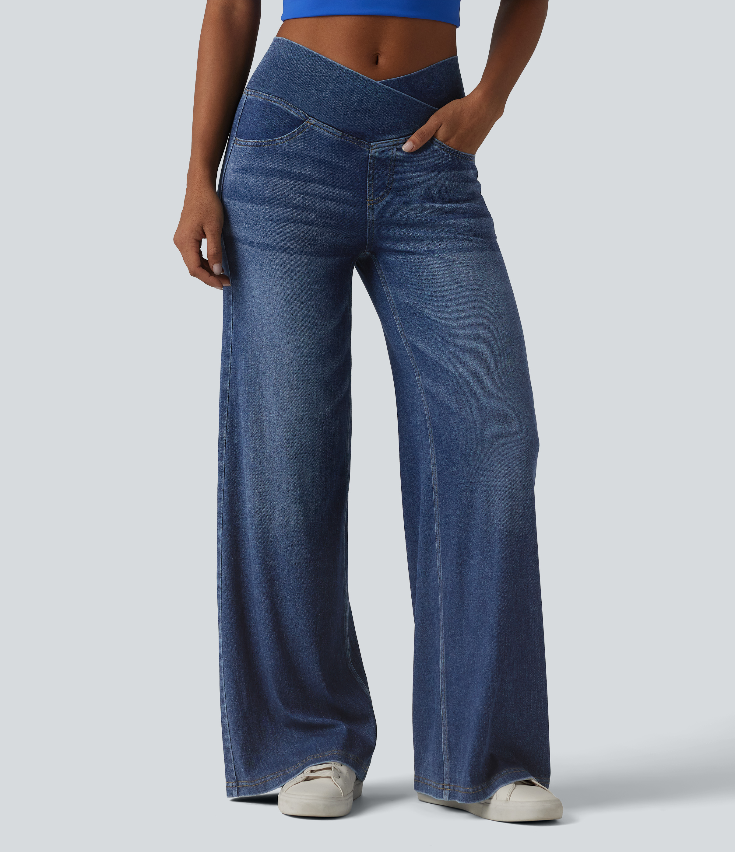 Halara Flex™ Crossover High Waisted Draped Lyocell Washed Casual Baggy Jeans with Pockets