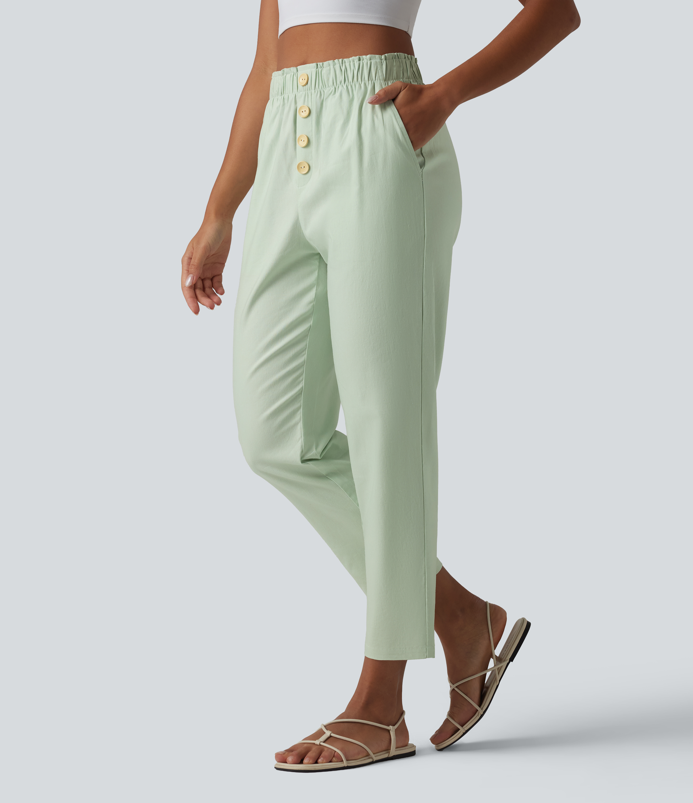 Pantalon casual en coton et lin coupe fuselée taille haute avec poches
