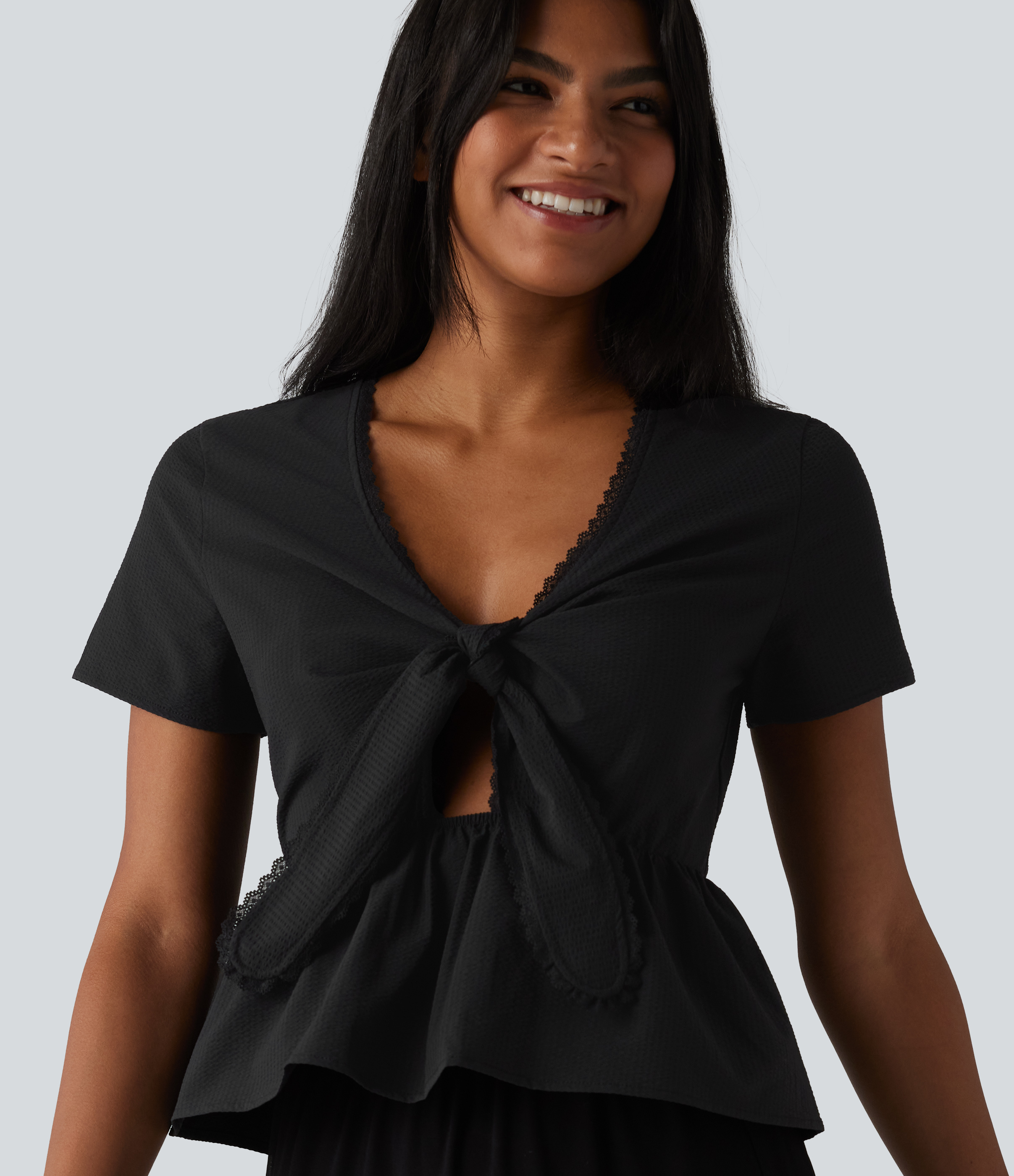 V Neck Tie Front Short Sleeve Quick Dry Top