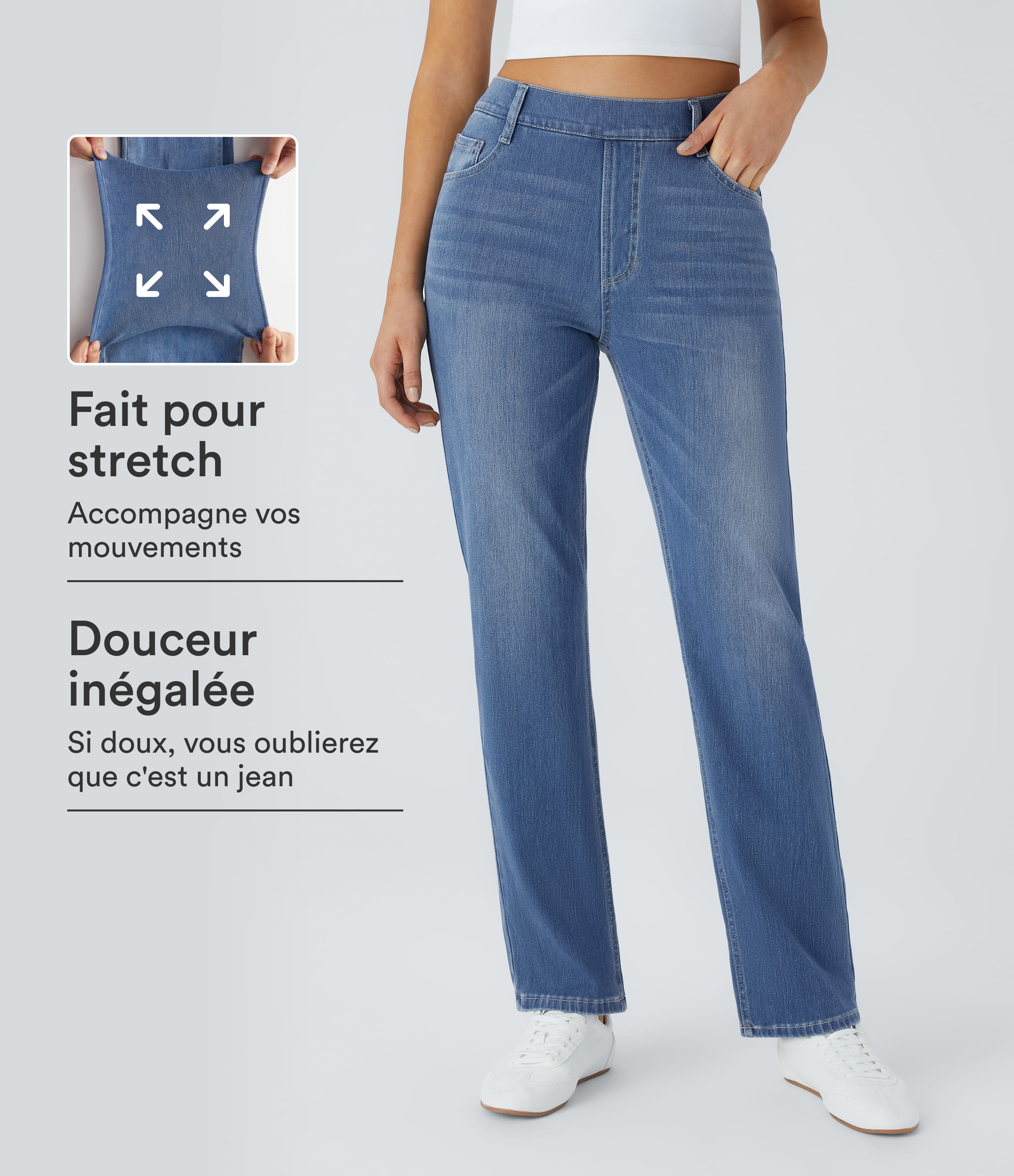 Jean droit Halara Flex™ à taille haute, poches multiples, effet délavé et tissu extensible