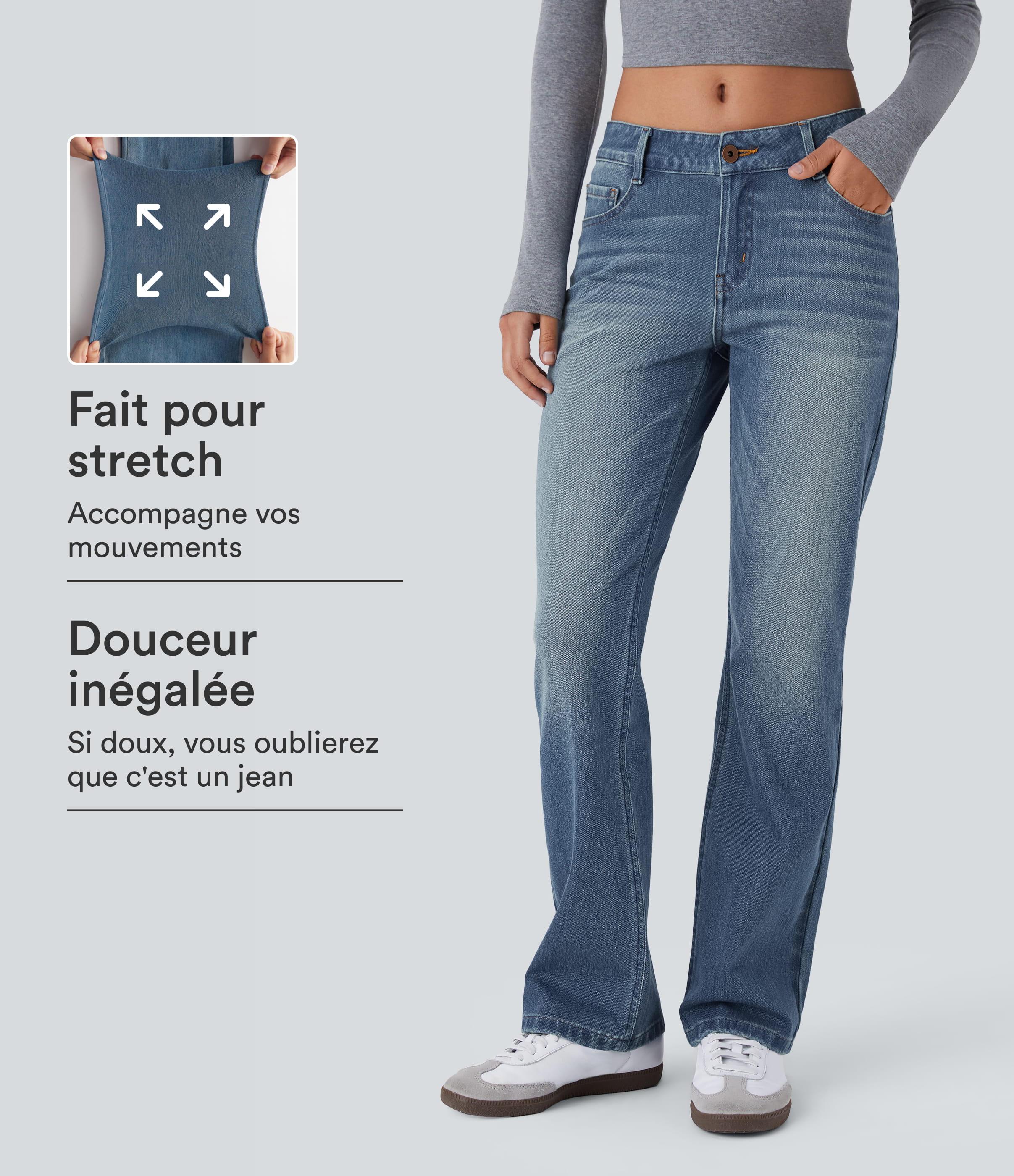 Jean bootcut délavé Halara Flex™ taille basse avec bouton, fermeture éclair et poches multiples