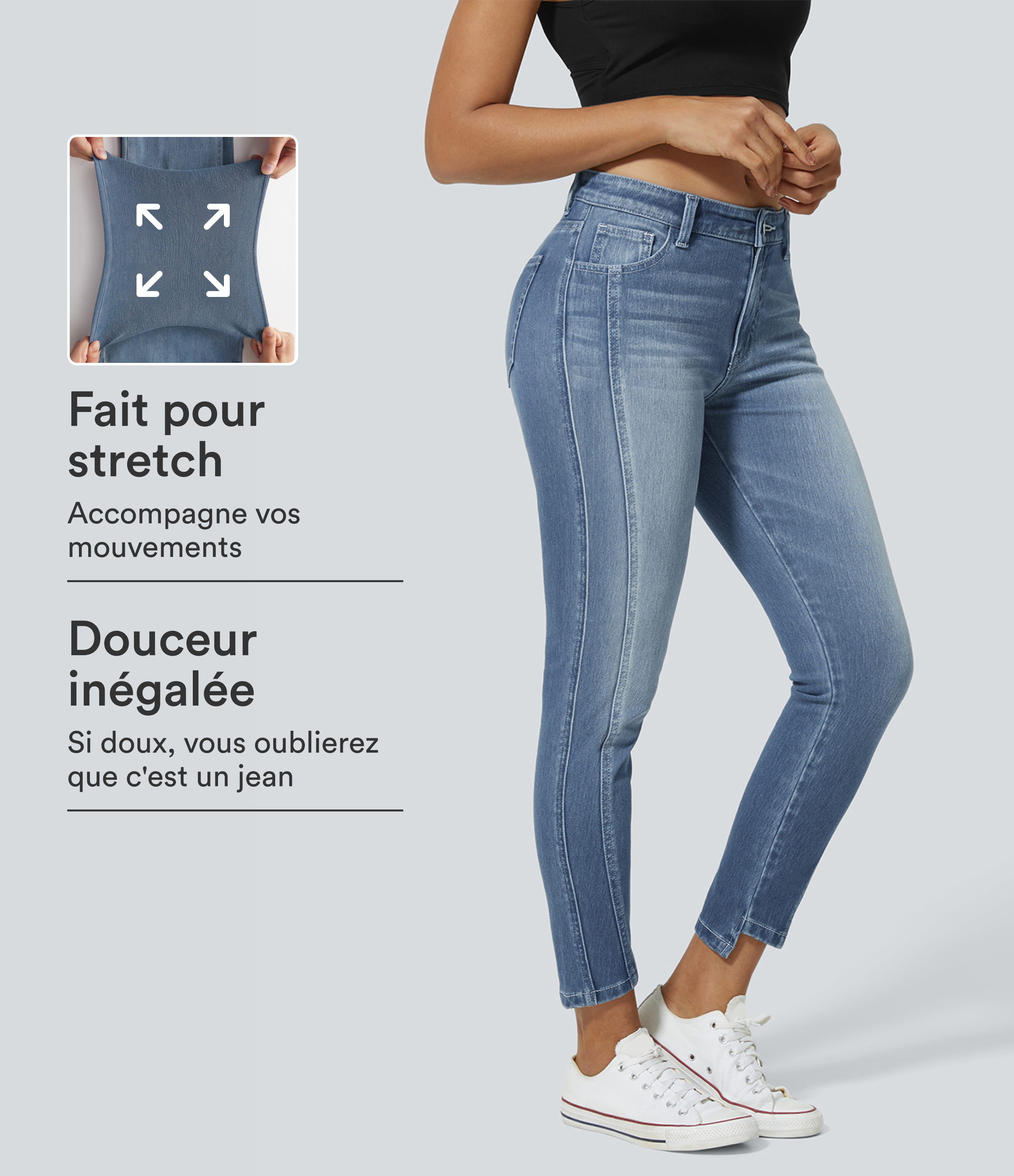 Halara Flex™ Skinny-Jeans, mittelhoch geschnitten, mit Reißverschluss und Knopfverschluss, mehreren Taschen und Stretch-Strick