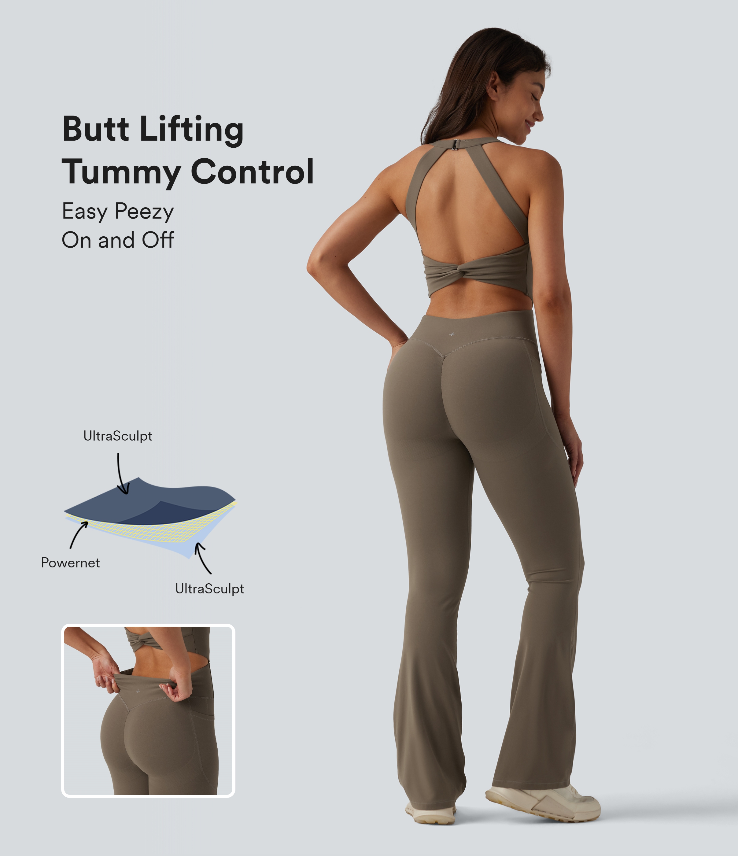 Halara UltraSculpt™ Twisted Backless Tummy Control Butt Lifting Bootcut Workout Jumpsuit with Pockets-Easy Peezy Edition