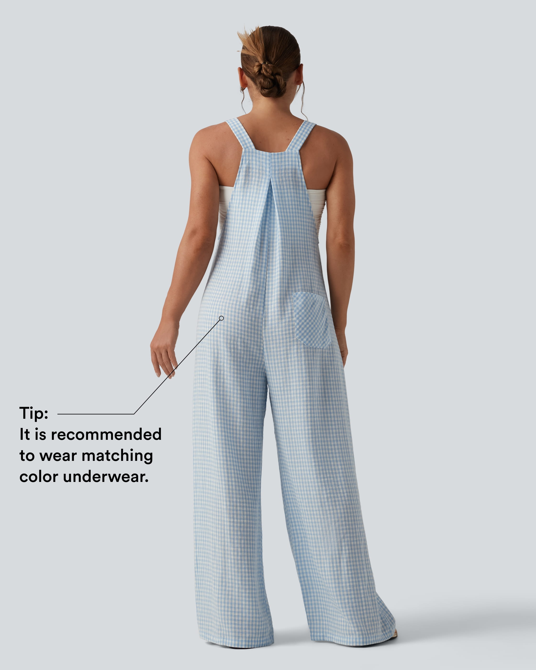Blue Cream Plaid Casual Linen-Feel Dungarees with Pockets / 2