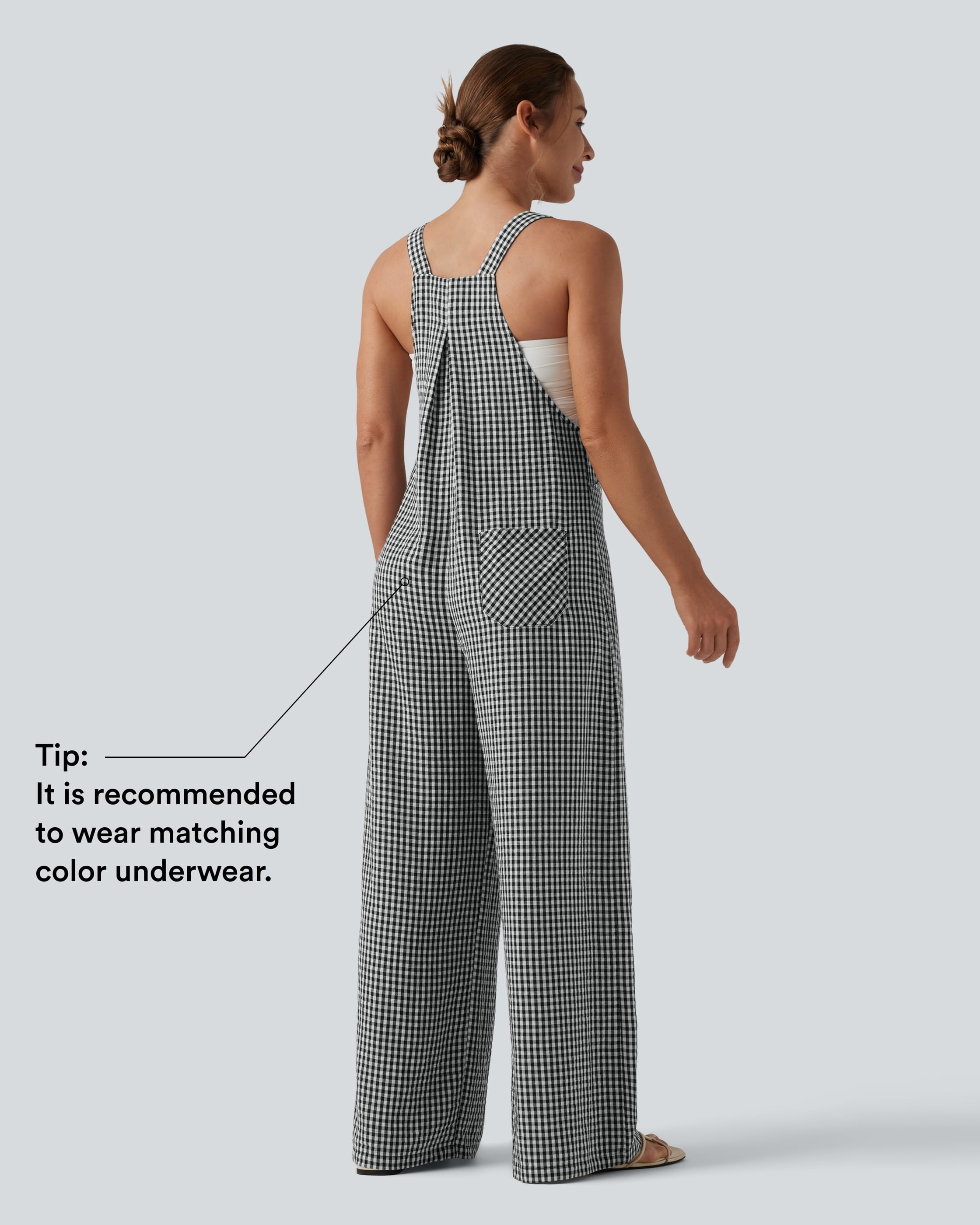 Classic Mono Plaid Casual Linen-Feel Overalls with Pockets / 2