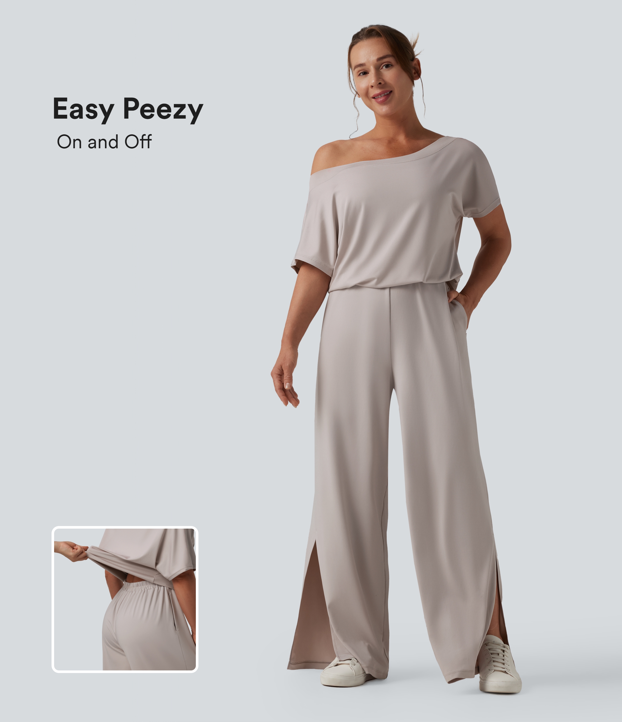 One-shoulder Short Sleeve Split Hem Casual Jumpsuit with Pockets-Easy Peezy