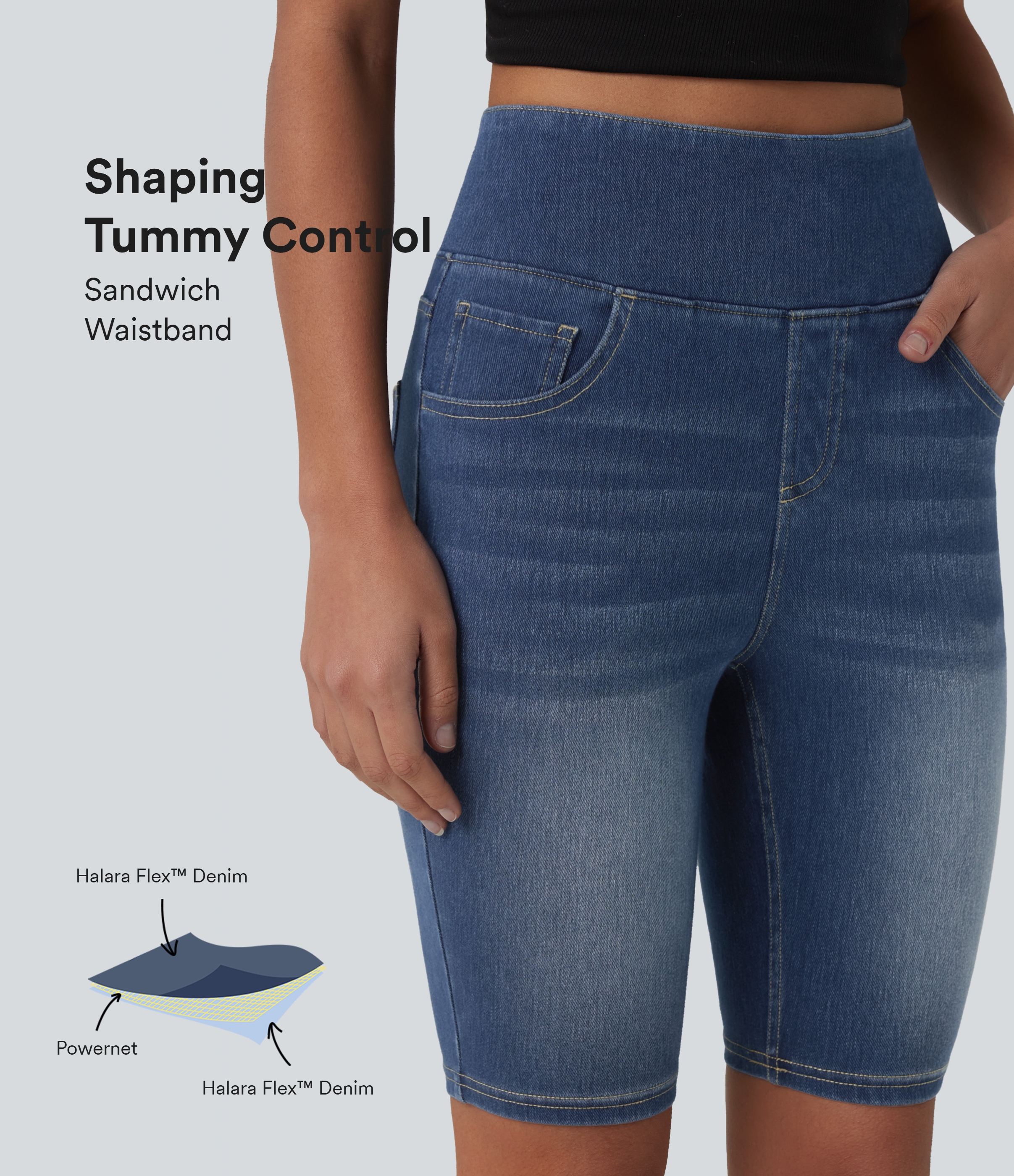 Halara Flex™ - Lässige Shorts aus Denim mit hohem Bund, mehreren Taschen und Bauchkontrolle - 22,9 cm