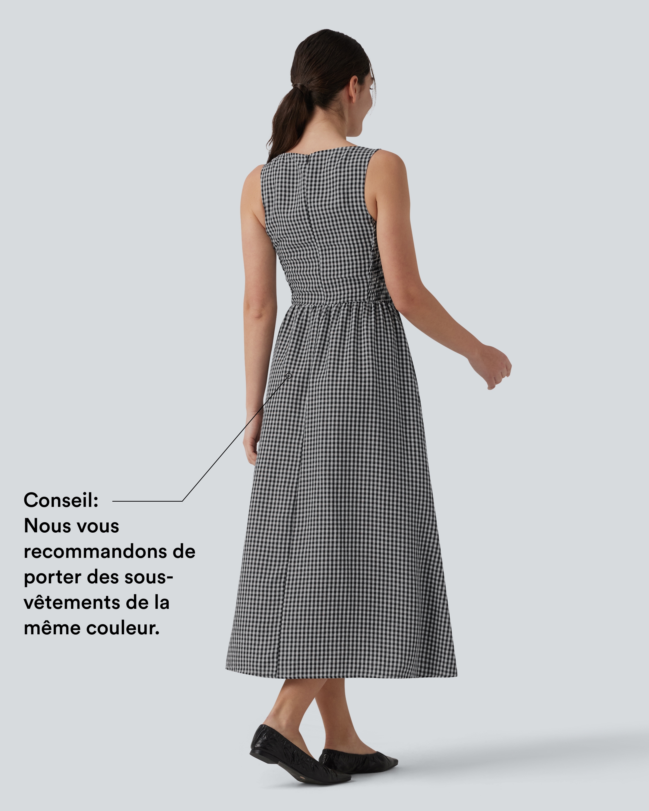 Classic Mono Robe longue fluide casual aspect lin col bateau sans manches à carreaux avec poches / 2