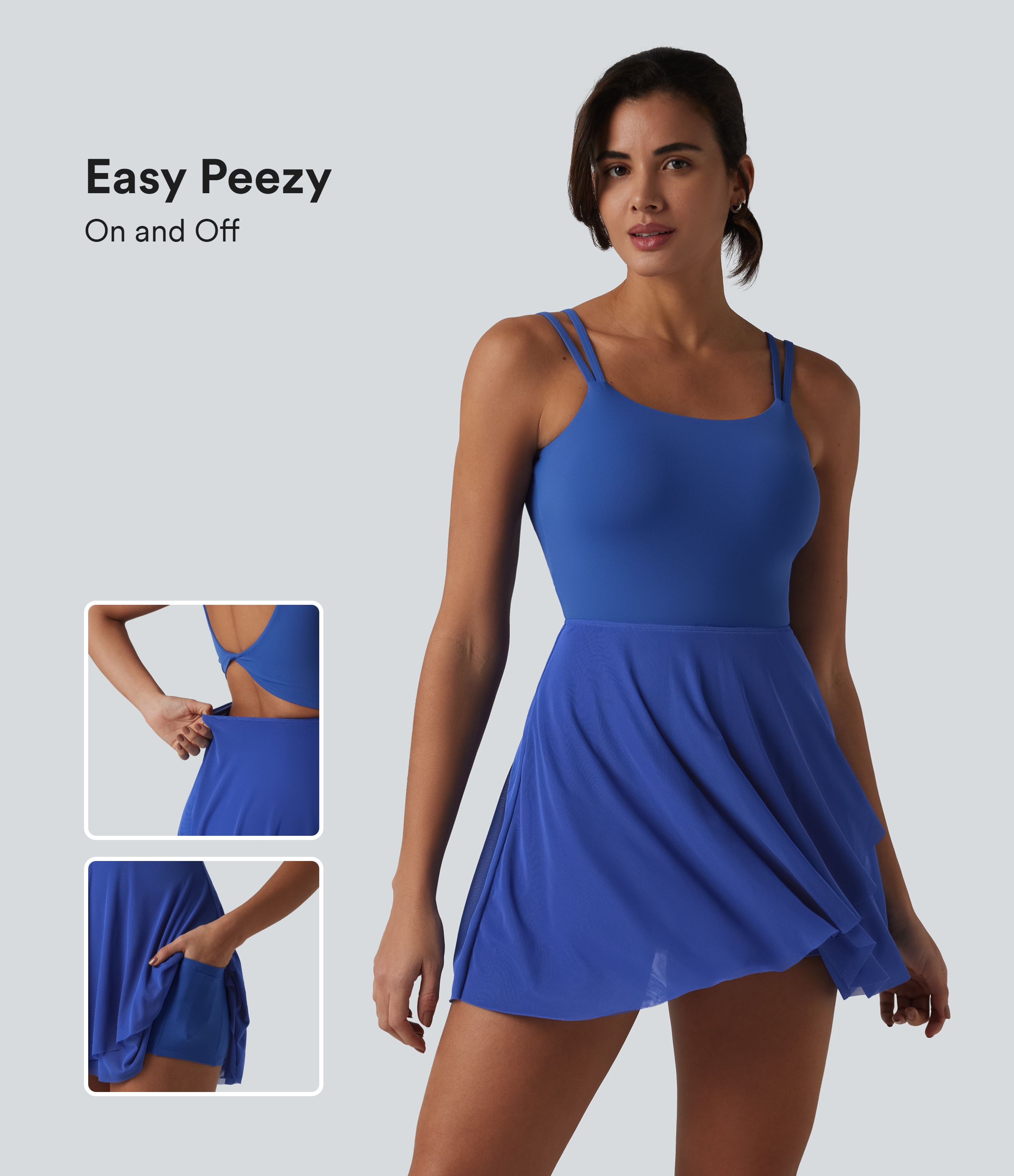 SoftlyZero™ vestido tipo slip deportivo mini tenis 2 en 1 con sujetador integrado, malla de contraste y bolsillos - Edición Easy Peezy - UPF50+