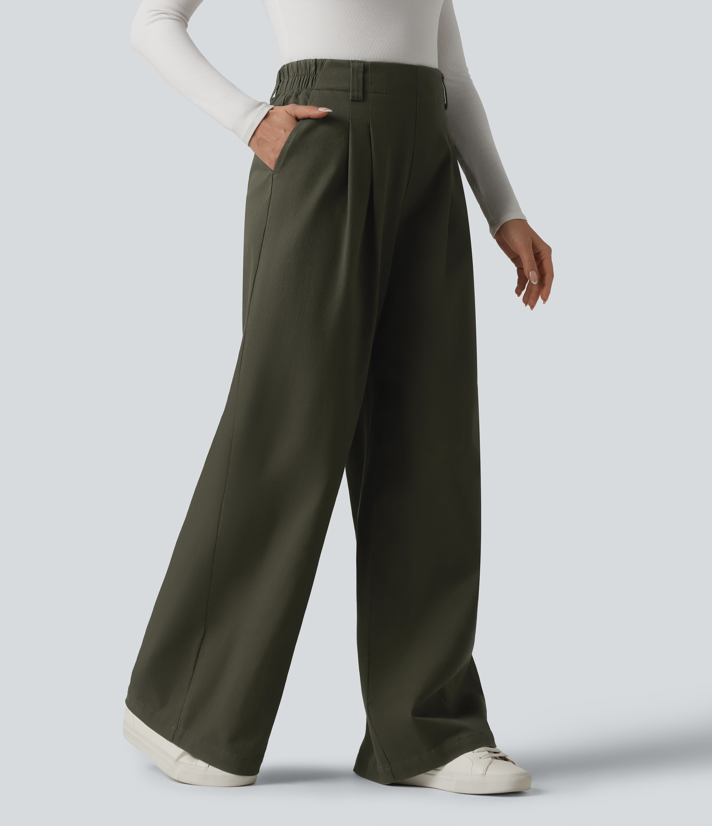 Pantalon chino de travail ample taille haute en coton avec poches