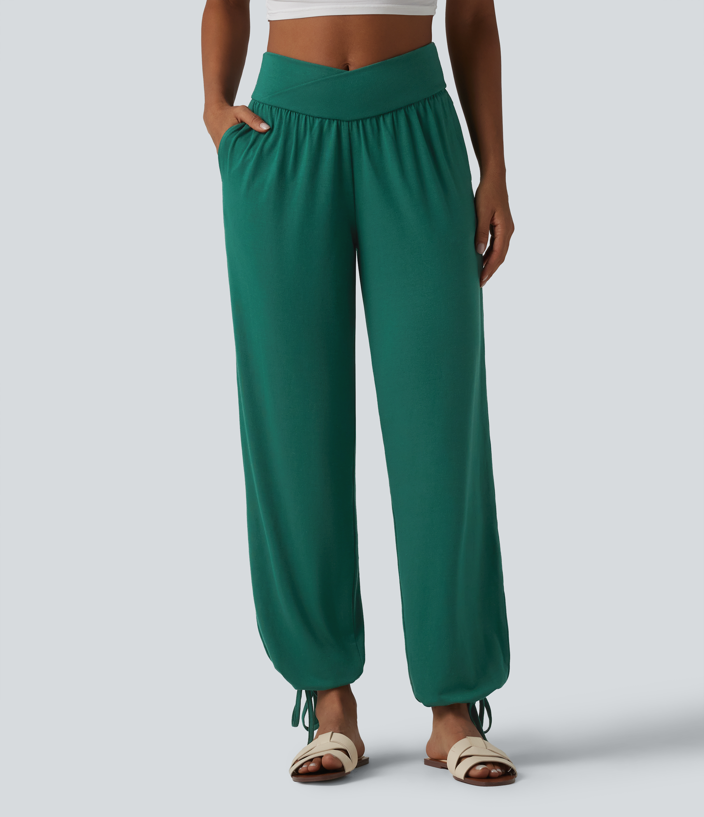 Crossover High Waisted Drawstring Plain Casual Joggers with Pockets