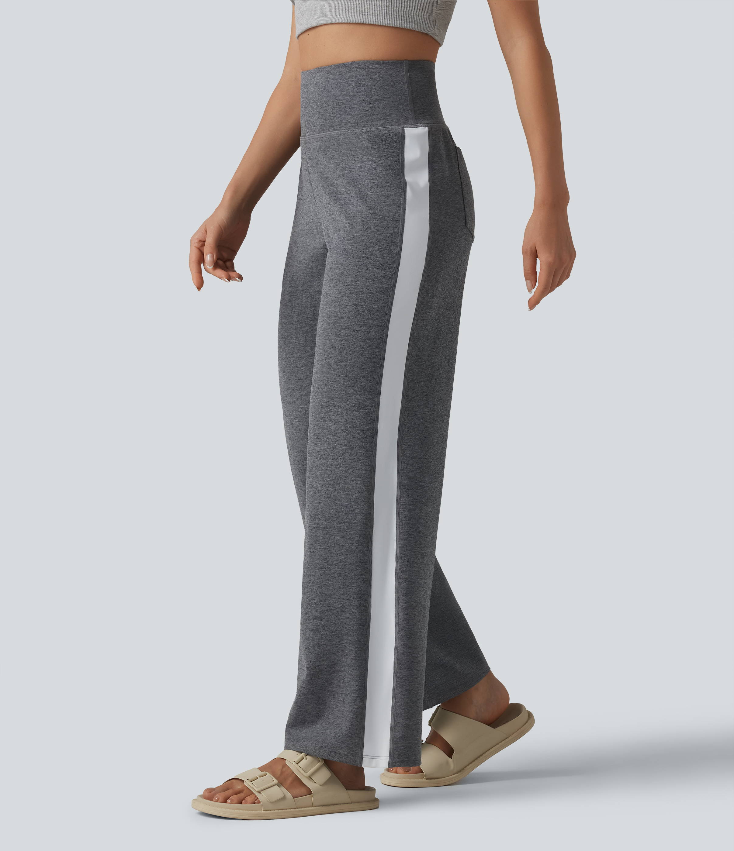 High Waisted Straight Leg Stripe Quick Dry Casual Pants with Pockets
