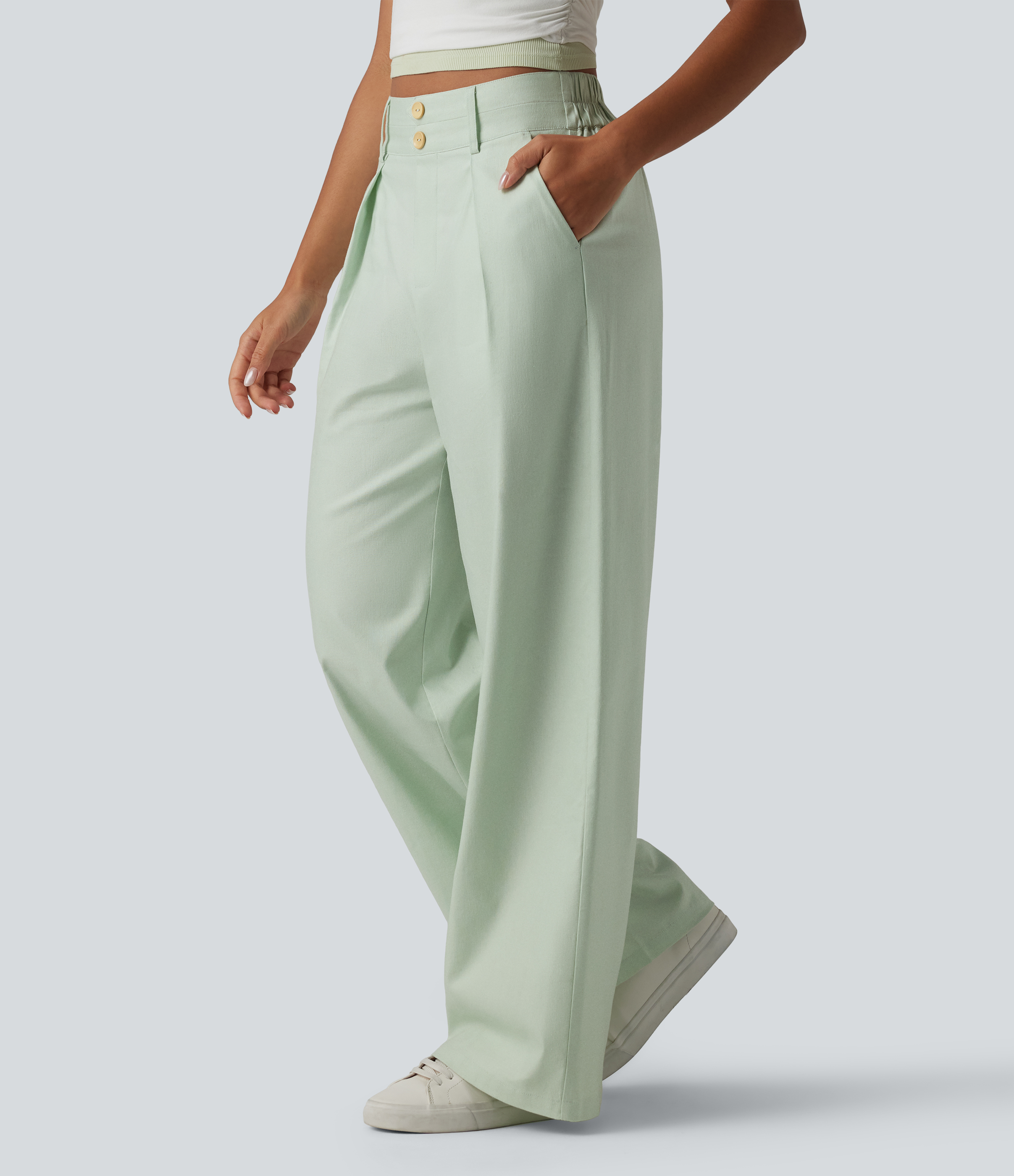 Pantalon large fluide casual en coton et lin taille haute avec poches