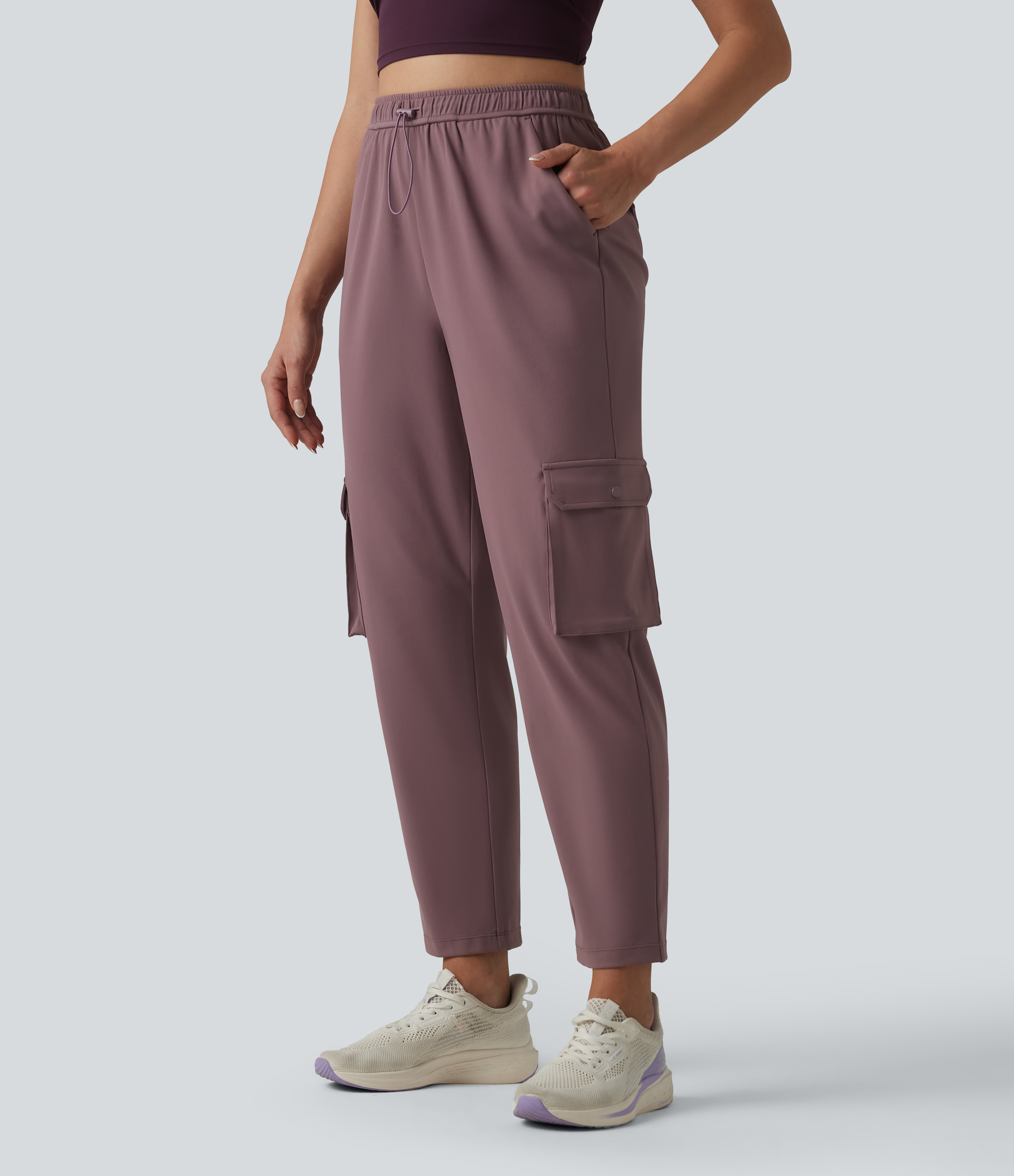 Purple Sandalwood DayStretch High Waisted Adjustable Drawcord Workout Cargo Tapered Pants with Pockets / 2