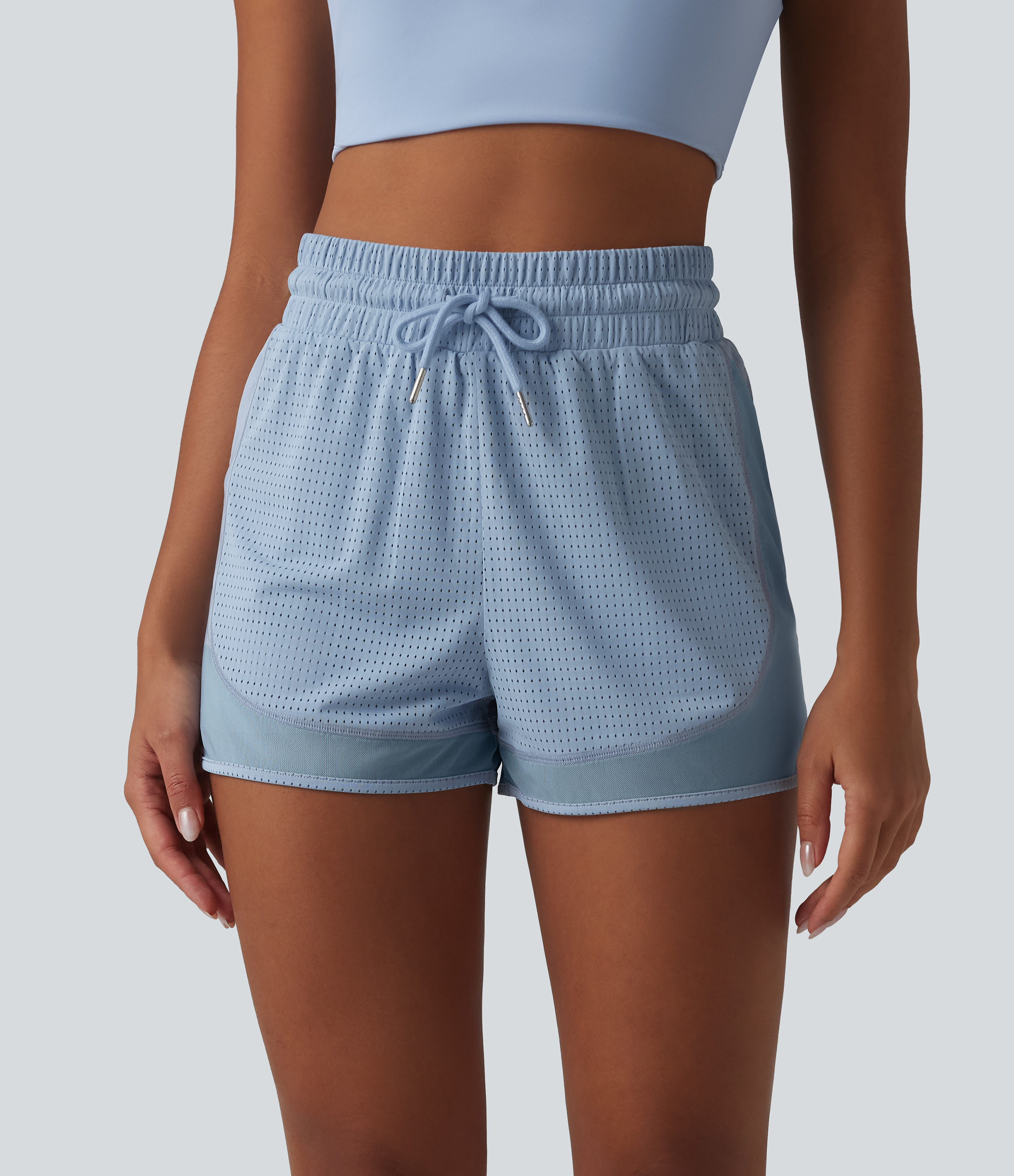 High Waisted Drawstring Eyelet Breathable Mesh 2-in-1 Workout Shorts