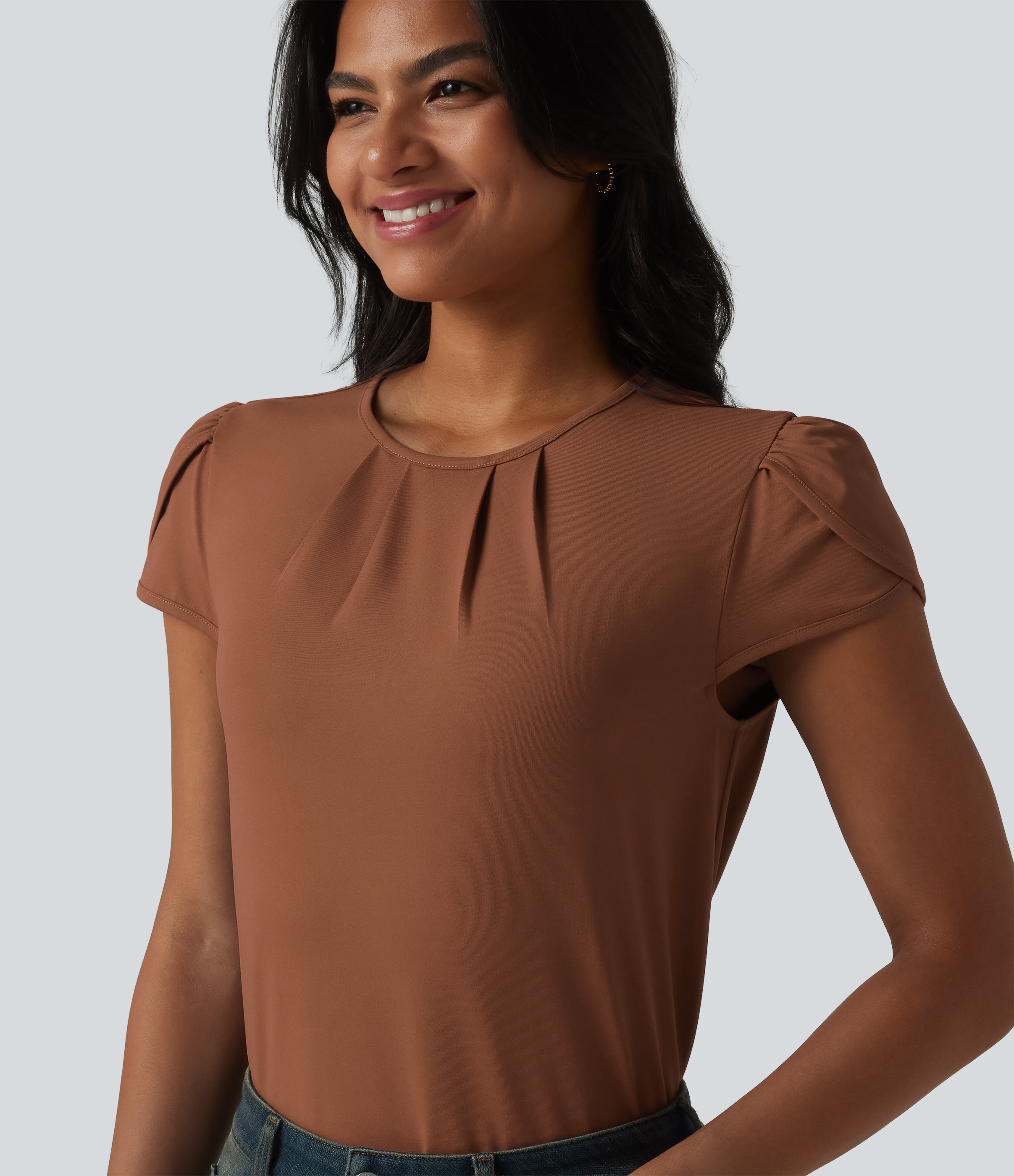 Round Neck Short Sleeve Keyhole Back Casual Blouse