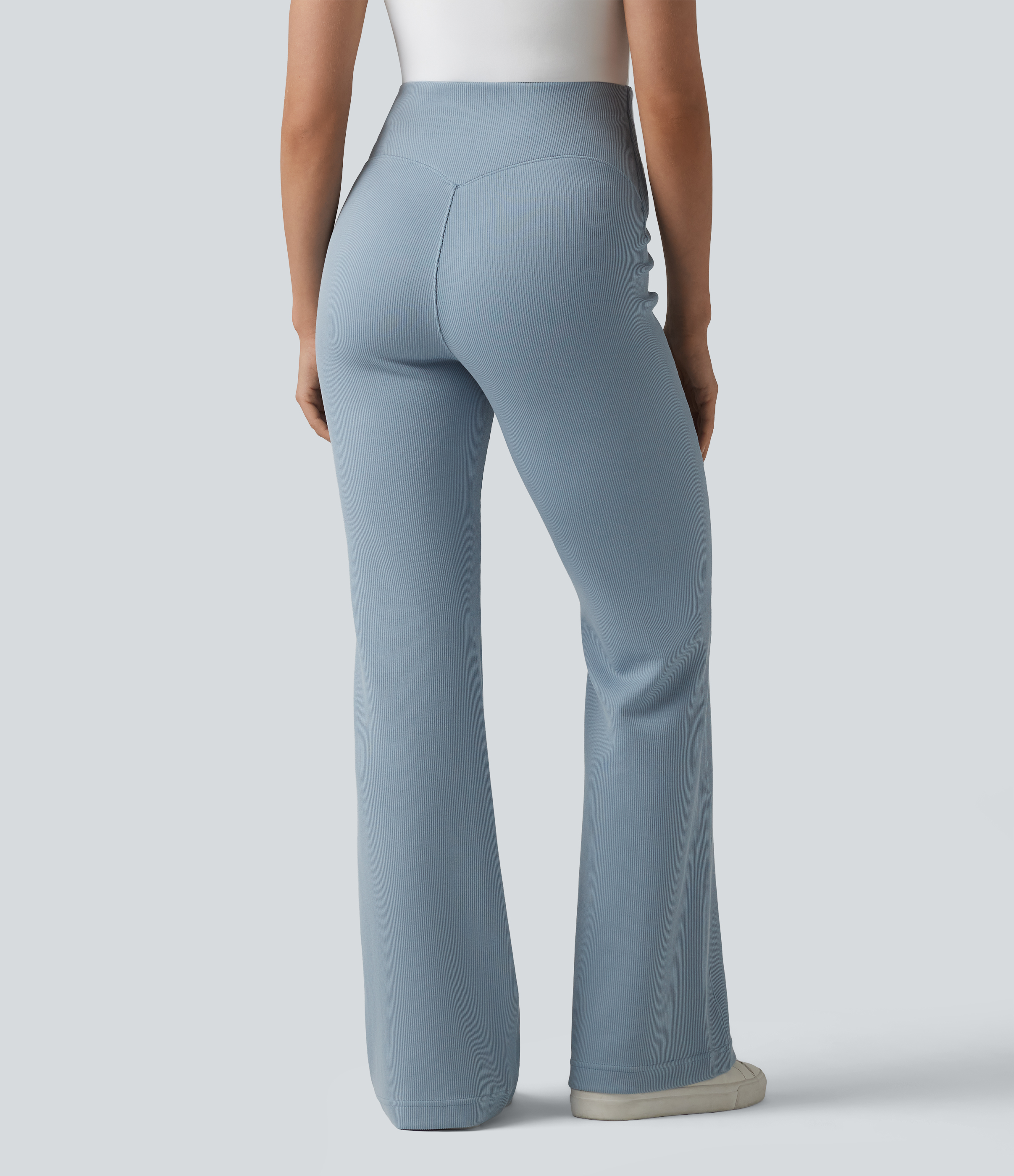 Dusty Blue SpacerTek™ Ribbed High Waisted Tummy Control Casual Flare Pants with Pocket / 2