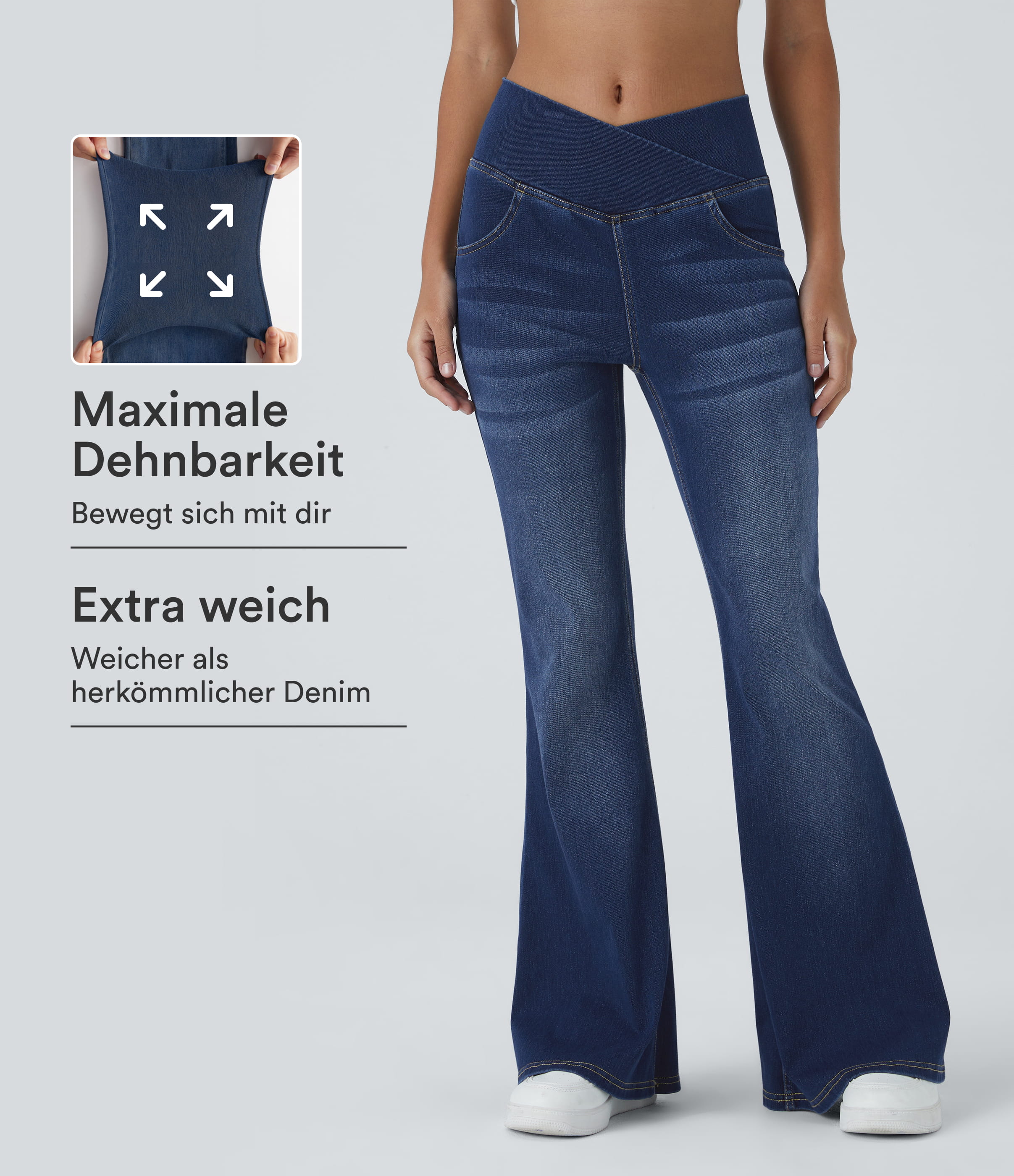 Halara Flex™ Gewaschene Crossover-Schlagjeans aus elastischem Strick-Denim mit hohem Bund und Seitentaschen