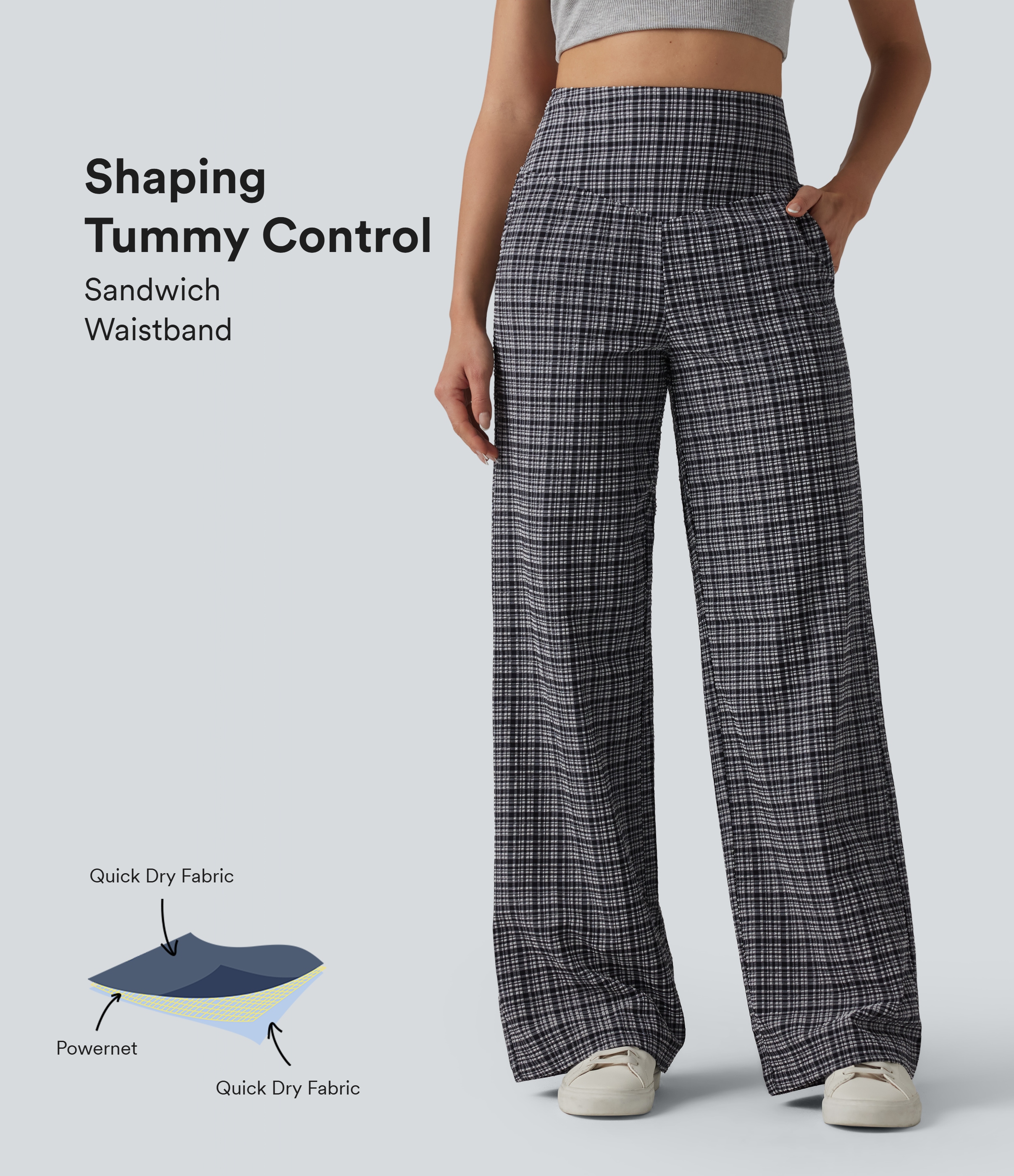High Waisted Tummy Control Plaid Crinkle Quick Dry Casual Wide Leg Pants with Pockets