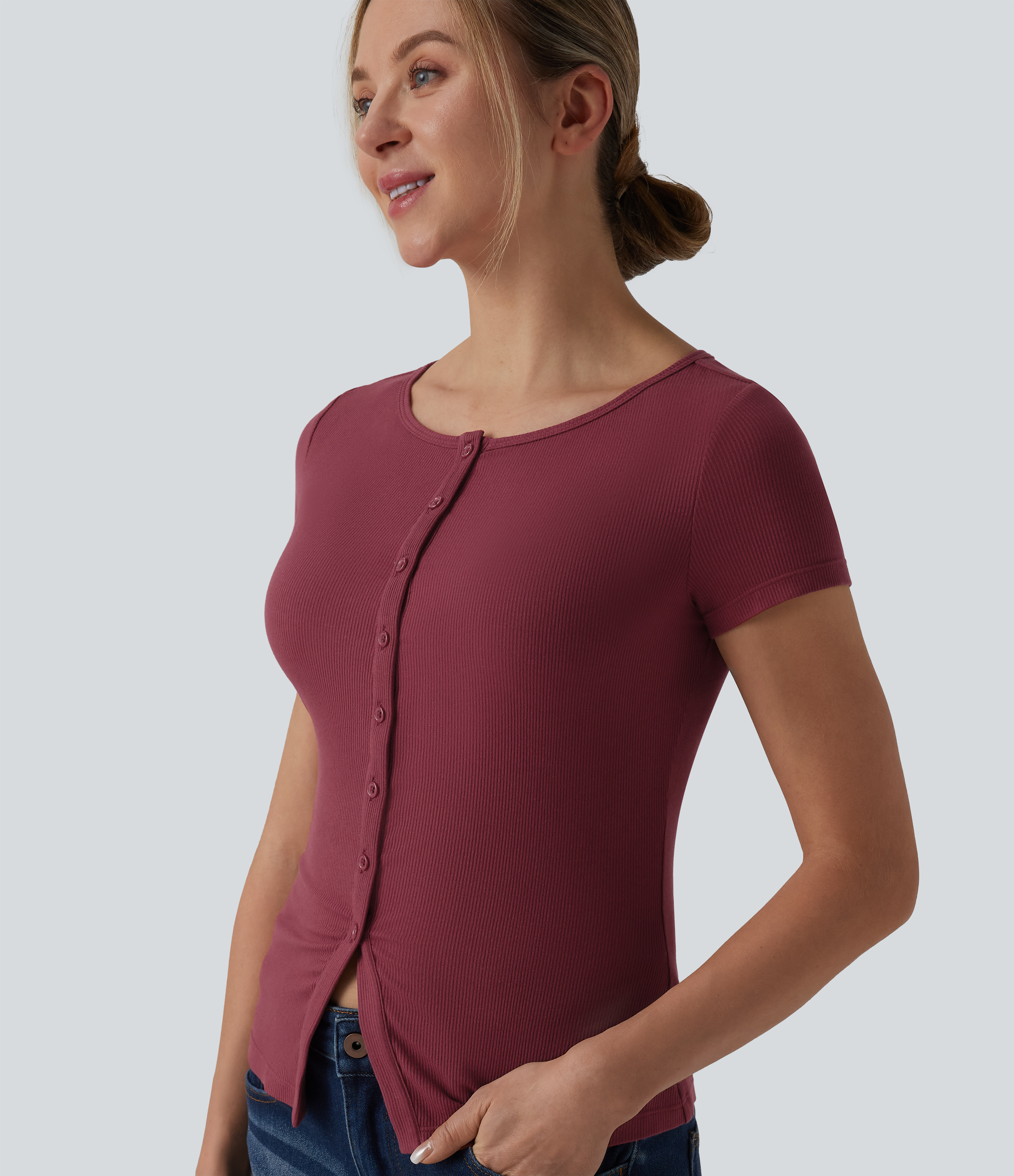 Ribbed Knit Boat Neck Short Sleeve Casual Top