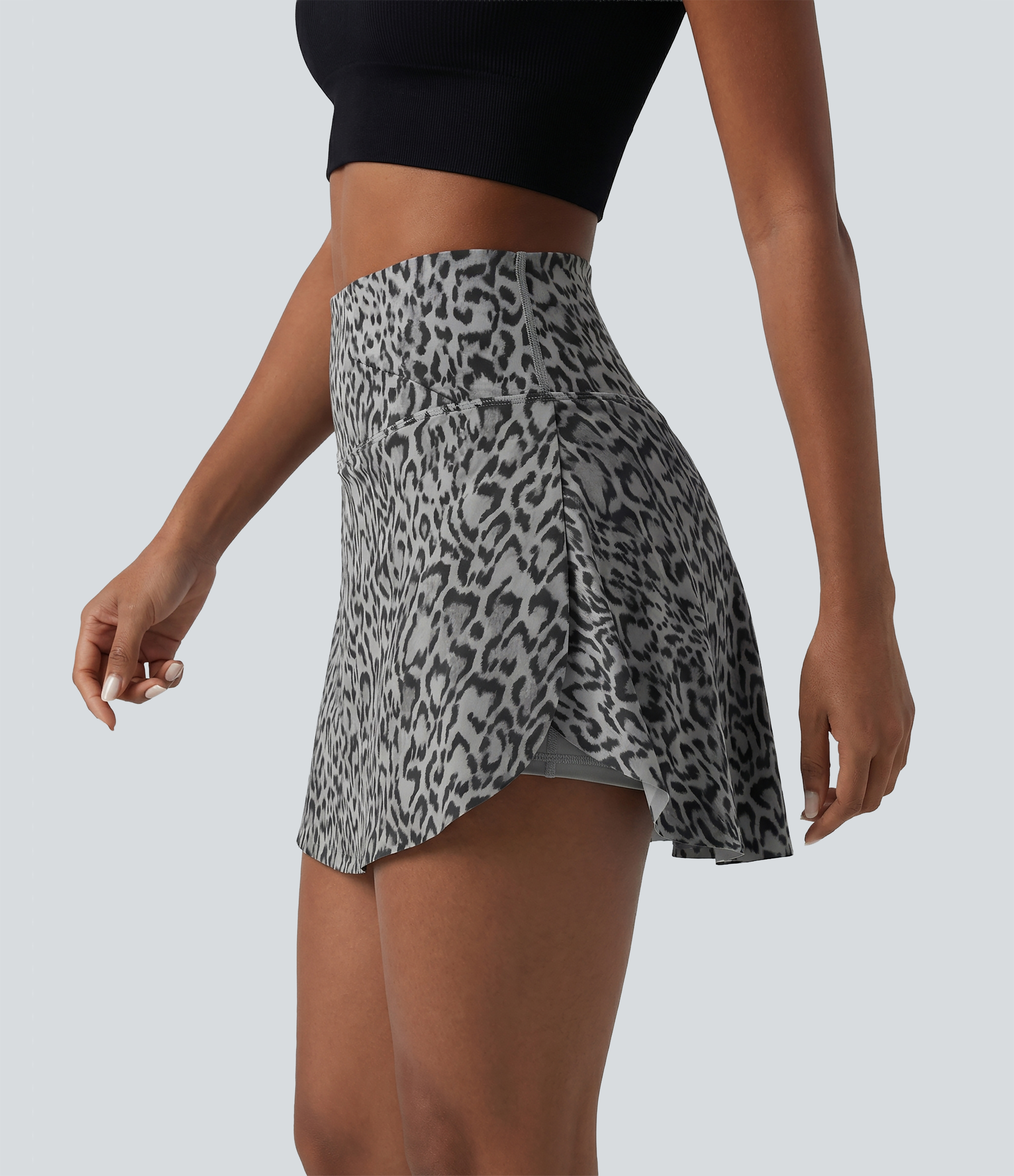 Crossover High Waisted 2-in-1 Leopard Print Mini Tennis Skirt with Pockets