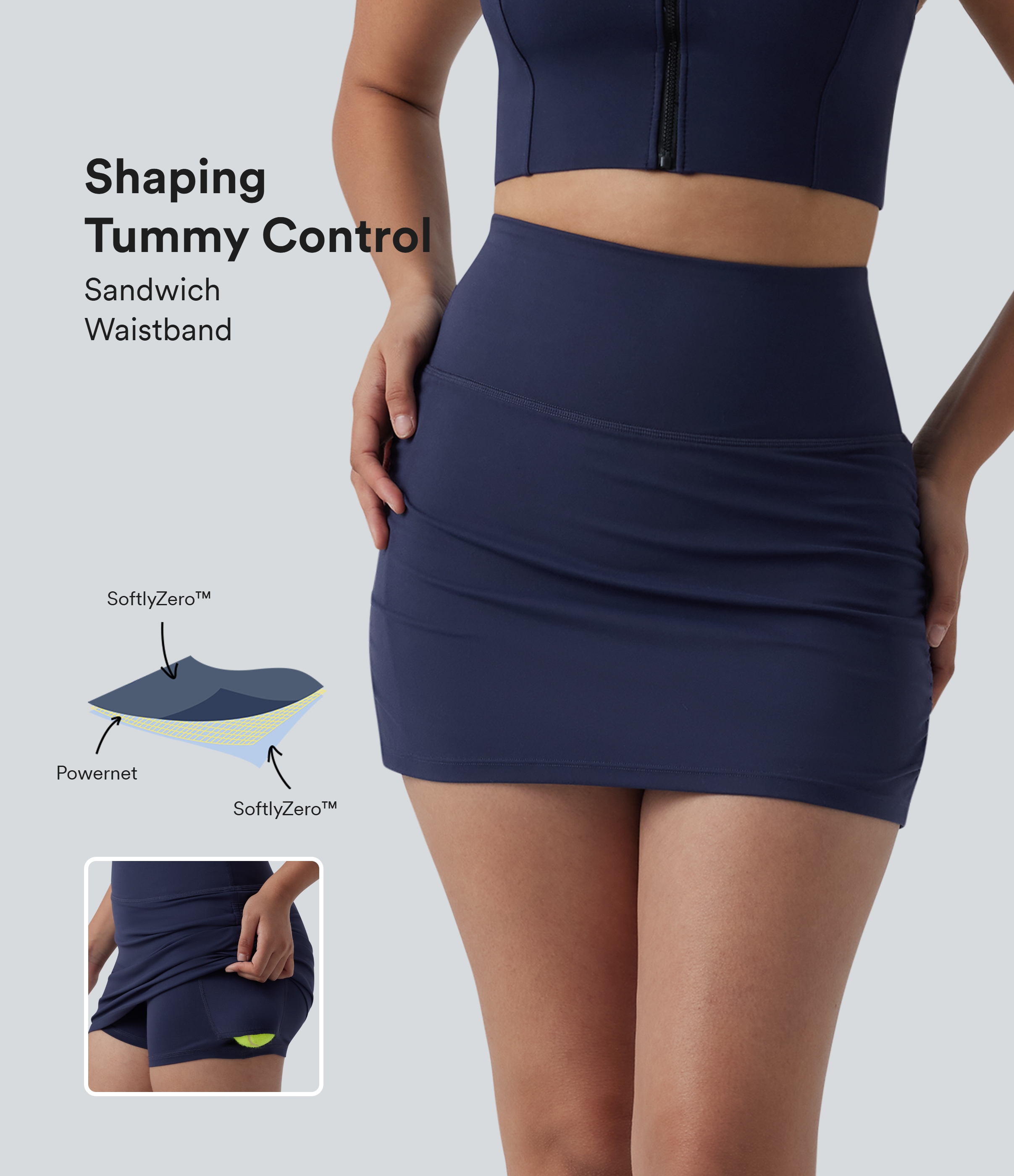 SoftlyZero™ High Waisted Tummy Control 2-in-1 Ruched Bodycon Mini Tennis Skirt with Pockets-UPF50+