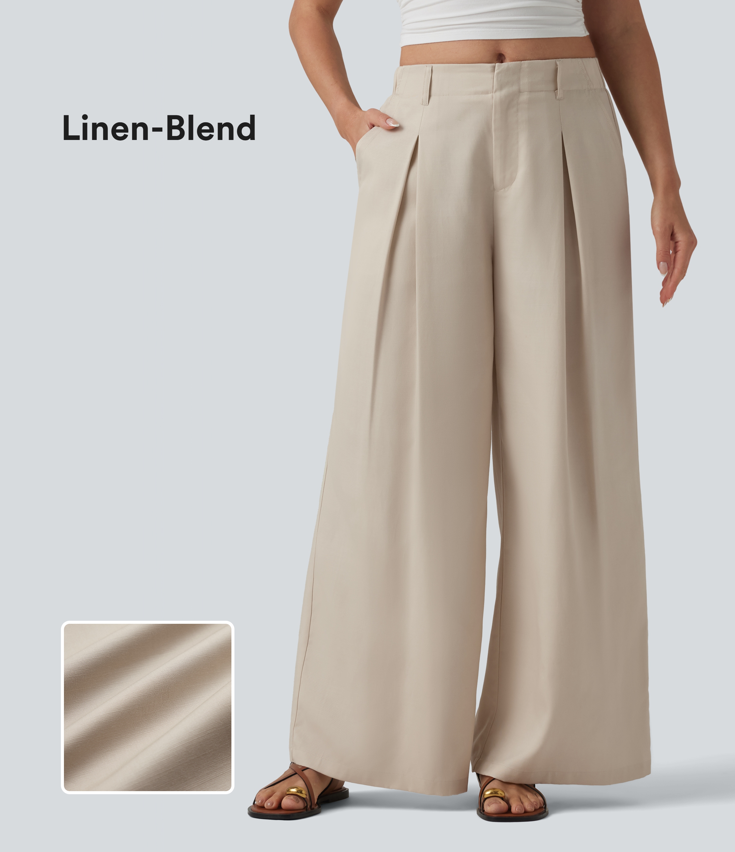 Mid Rise Pleated Lyocell Linen-Blend Casual Baggy Trousers with Pockets