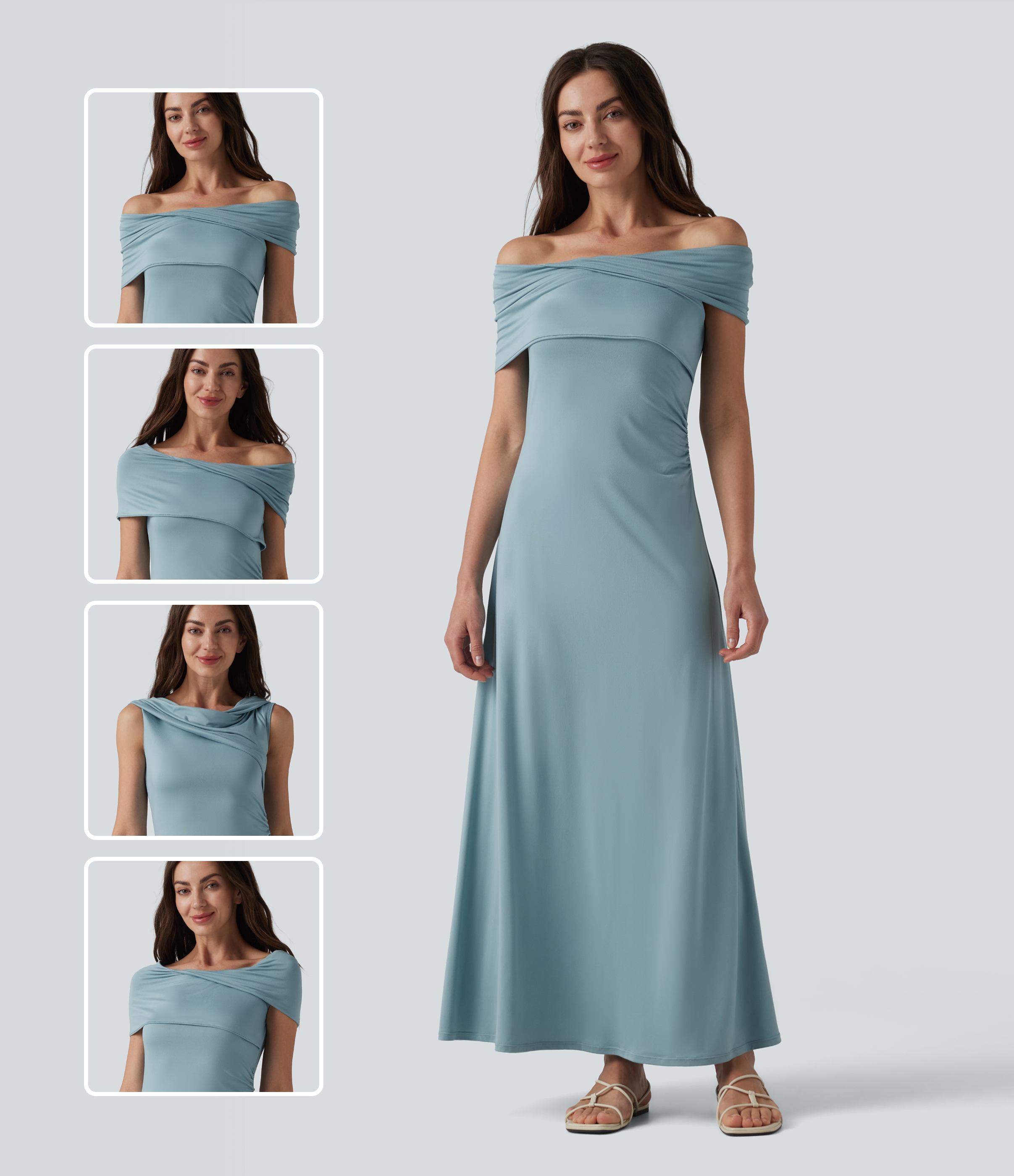 Schulterfreies, gerafftes Maxikleid mit Bindeband am Rücken