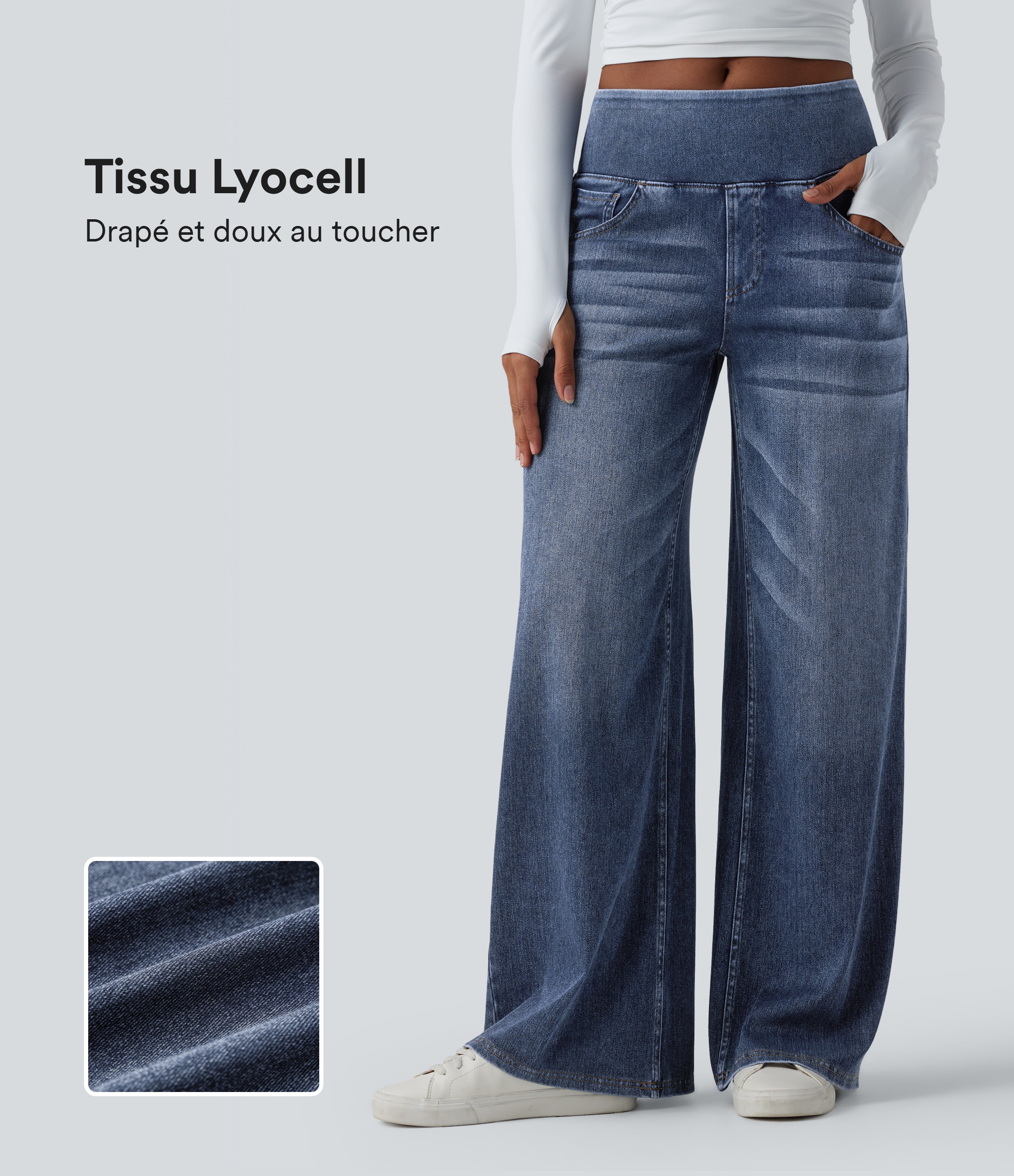 Halara Flex™ Jean large casual baggy taille mi-haute en lyocell drapé effet délavé, avec poches
