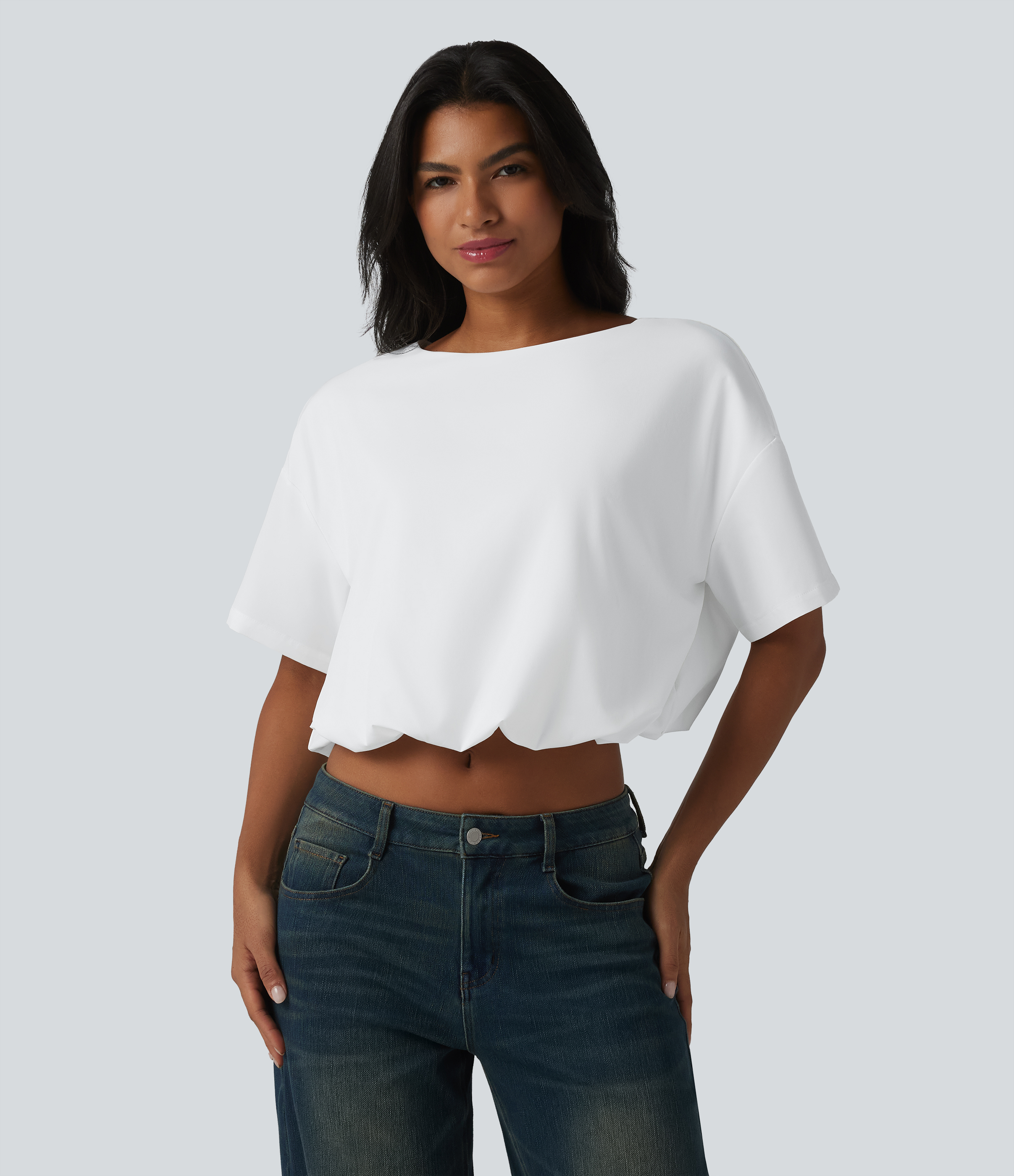 White Durable Water Repellent Round Neck Short Sleeve Bubble Hem Casual Top / 1
