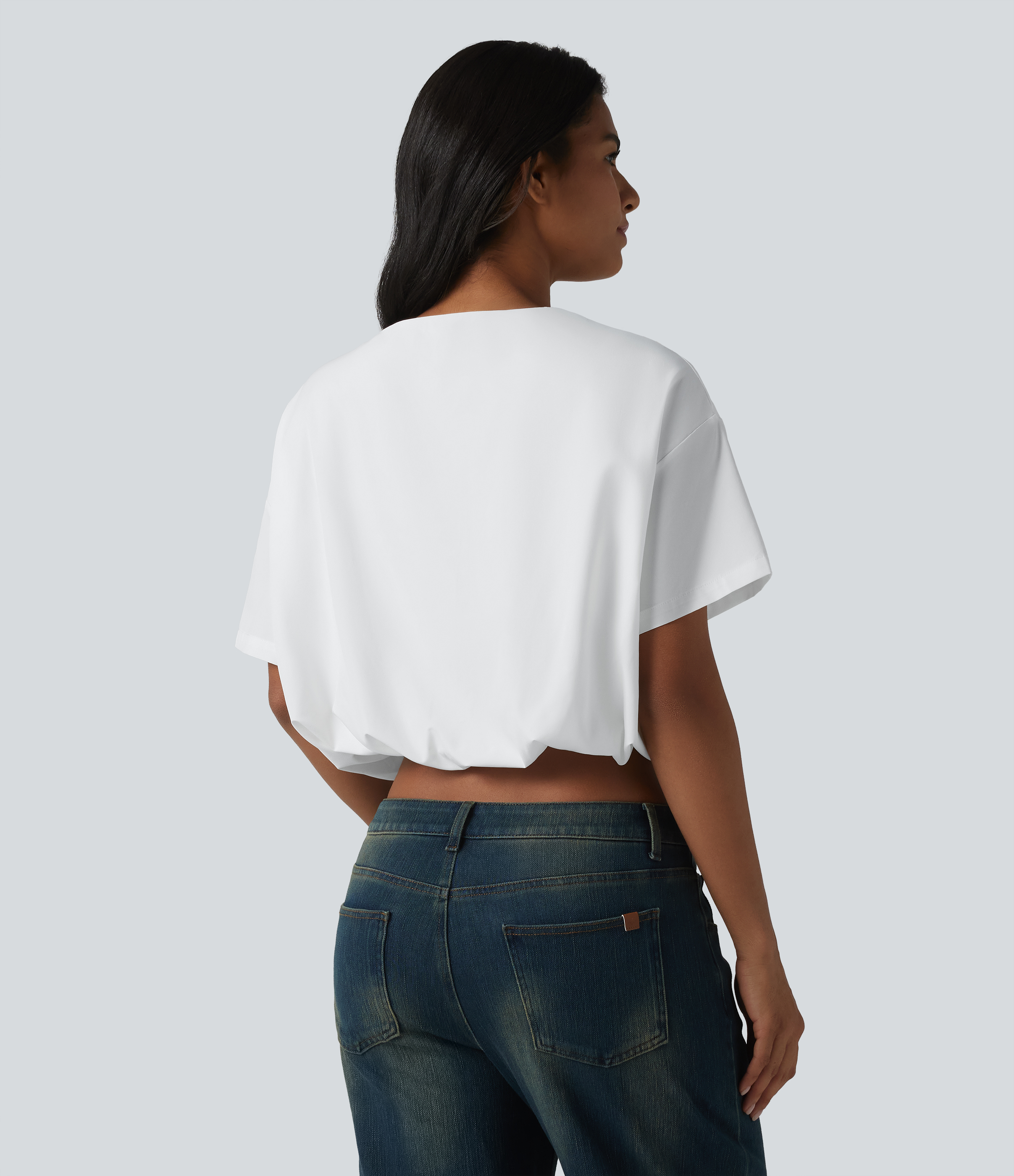 White Durable Water Repellent Round Neck Short Sleeve Bubble Hem Casual Top / 2
