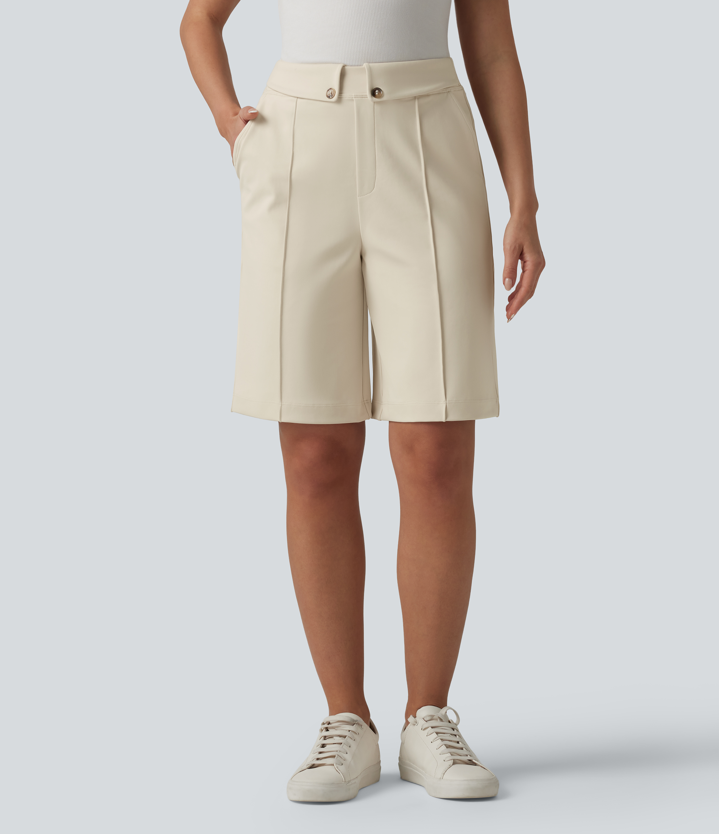 DayStretch High Waisted Straight Leg Work Shorts with Pockets
