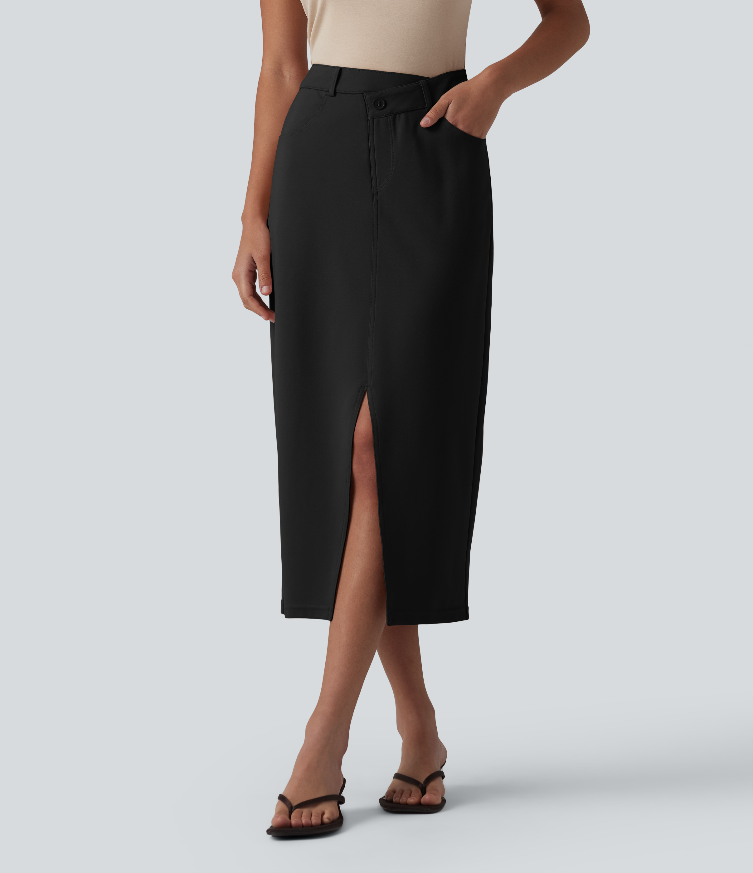 Asymmetric Mid Rise Split Midi Work Pencil Skirt with Pockets