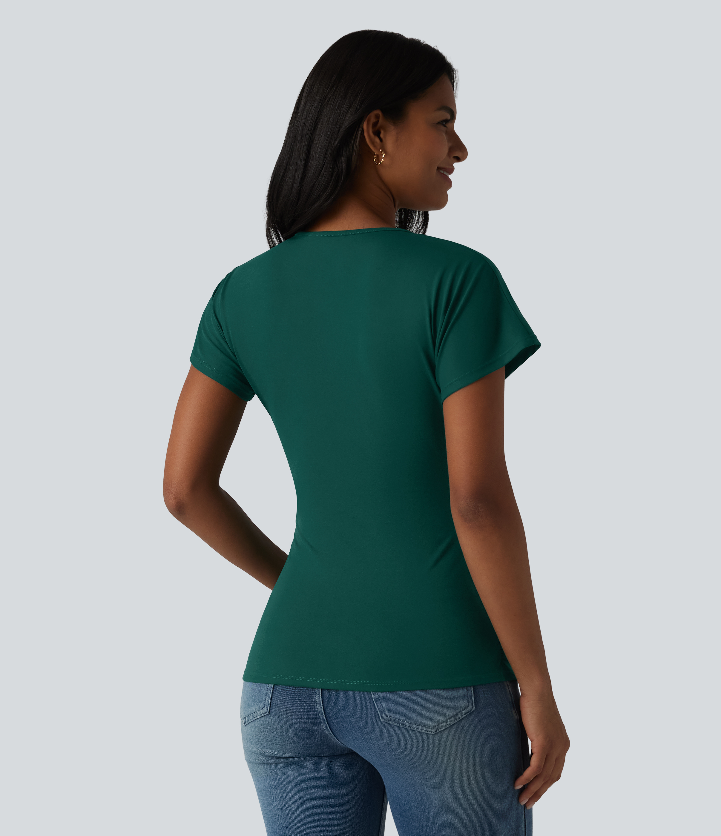 Rain Forest V Neck Short Sleeve Ruched Casual Top / 2
