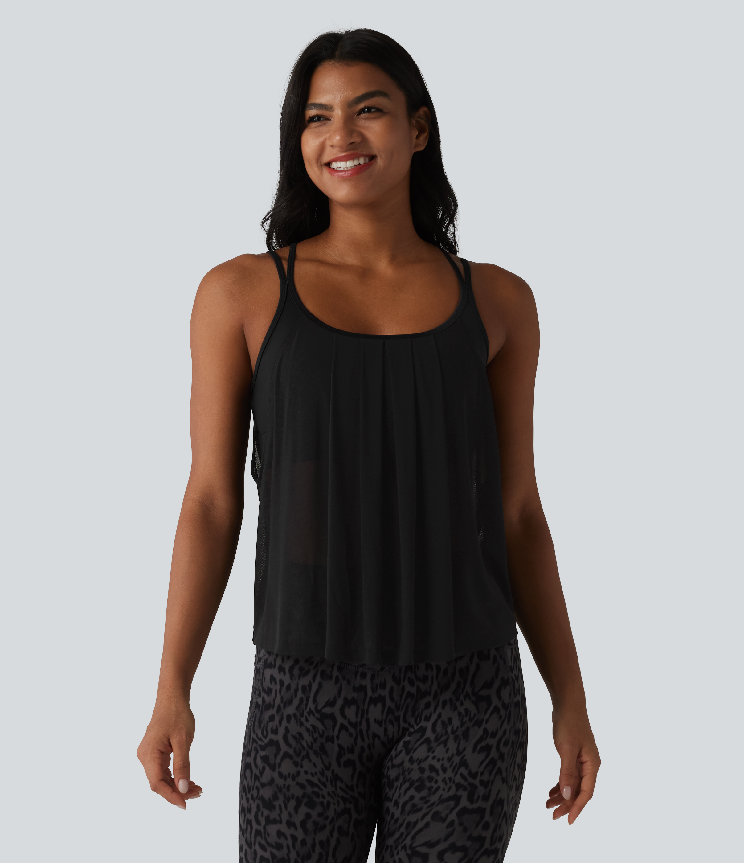 Contrast Mesh Built-in Bra Pleated Yoga Cami Top