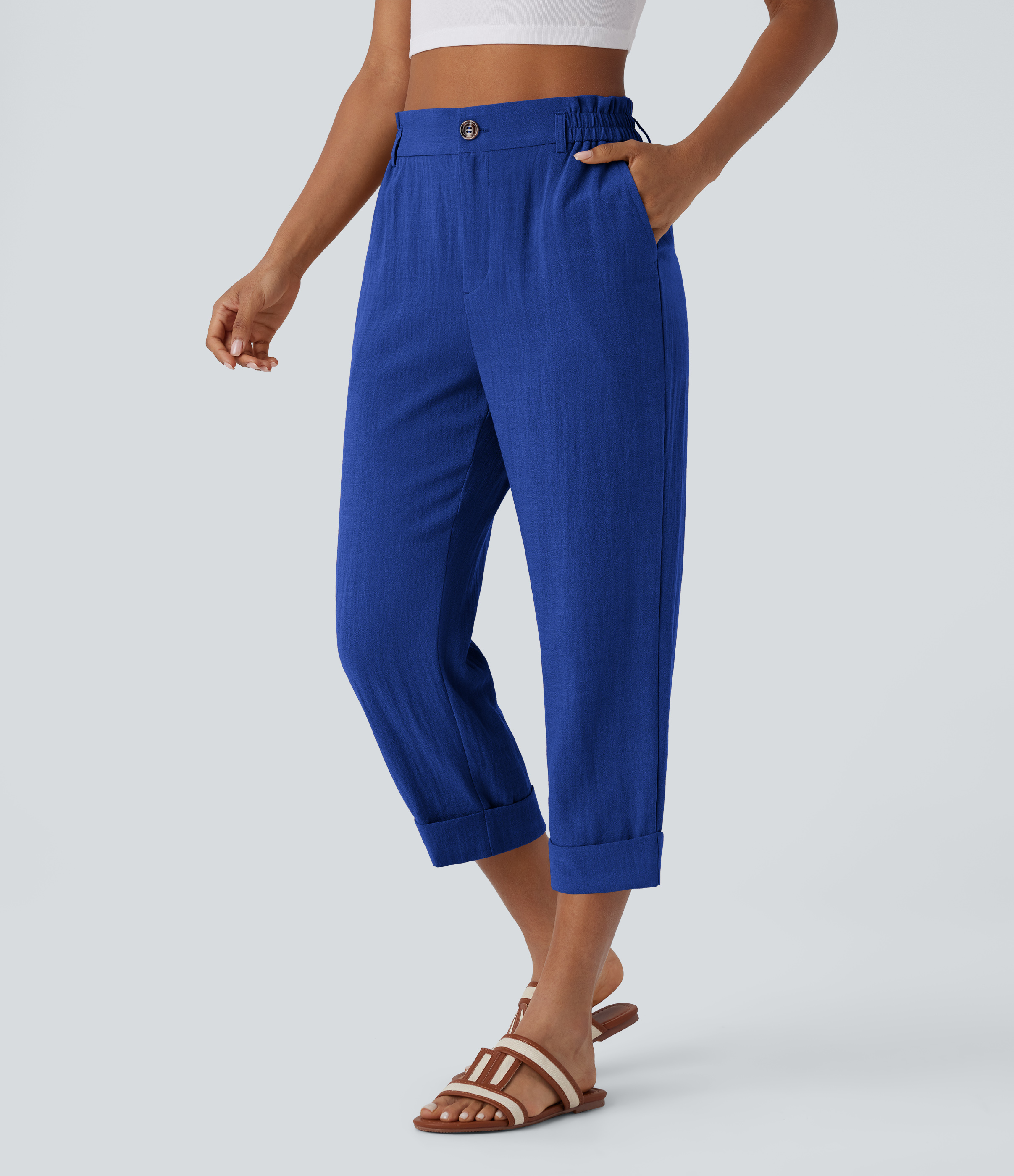 High Waisted Zipper Pocket Cropped Linen-Feel Pants