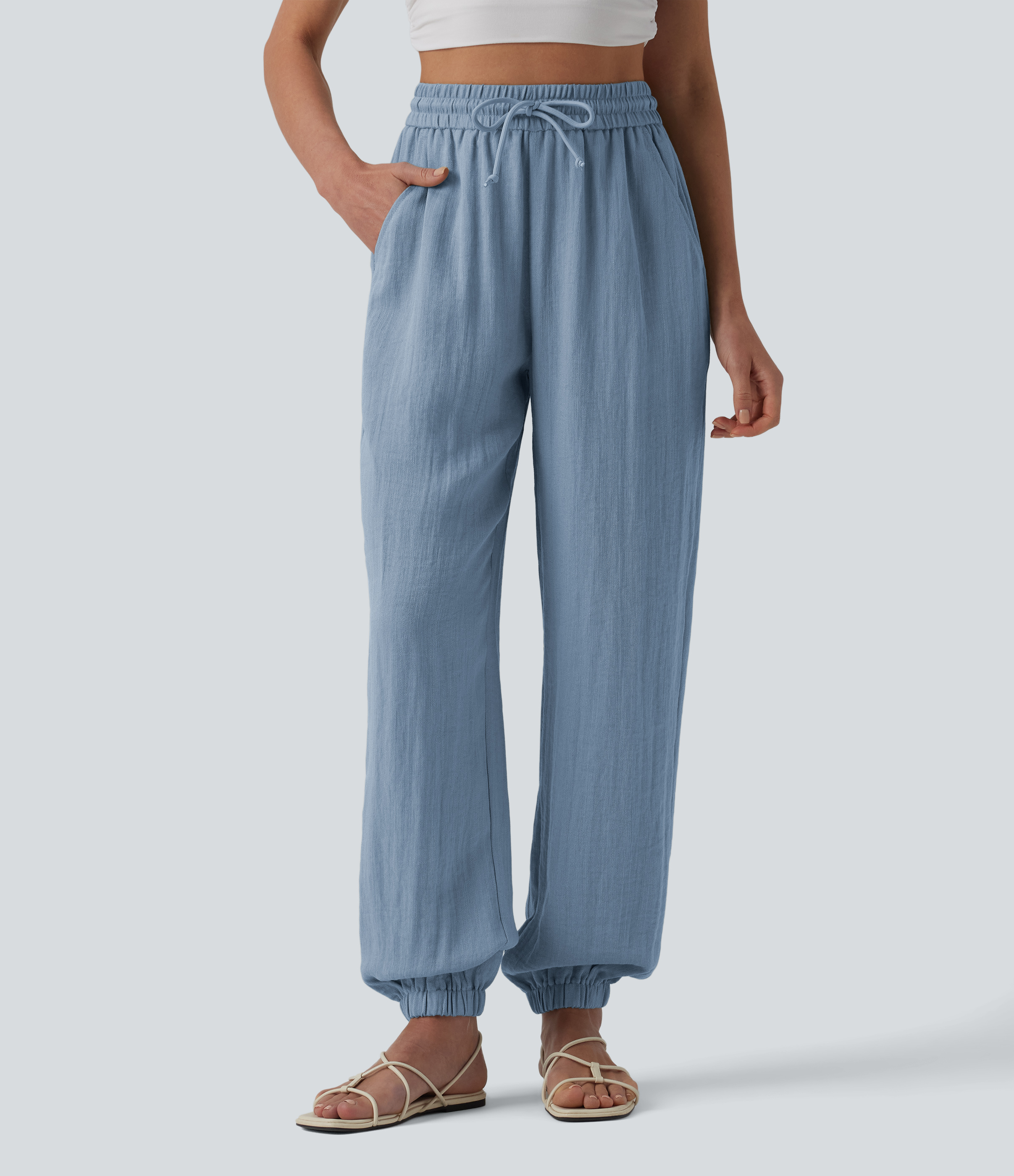 High Waisted Drawstring Wide Leg Casual Linen-Feel Joggers with Pockets